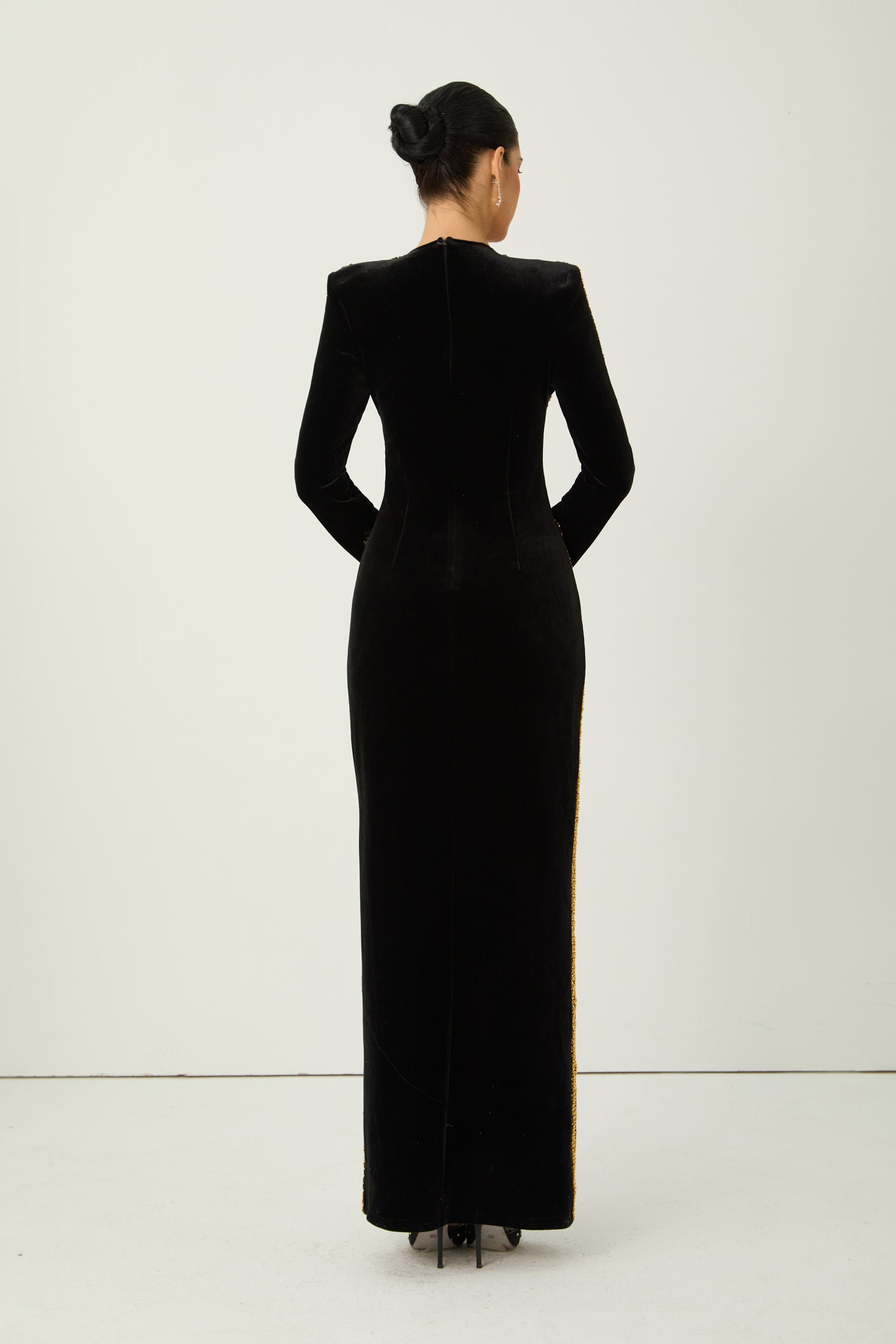 Dramatic Stunner Black Sequin Trim Crystal Brooch Velvet Maxi Dress
