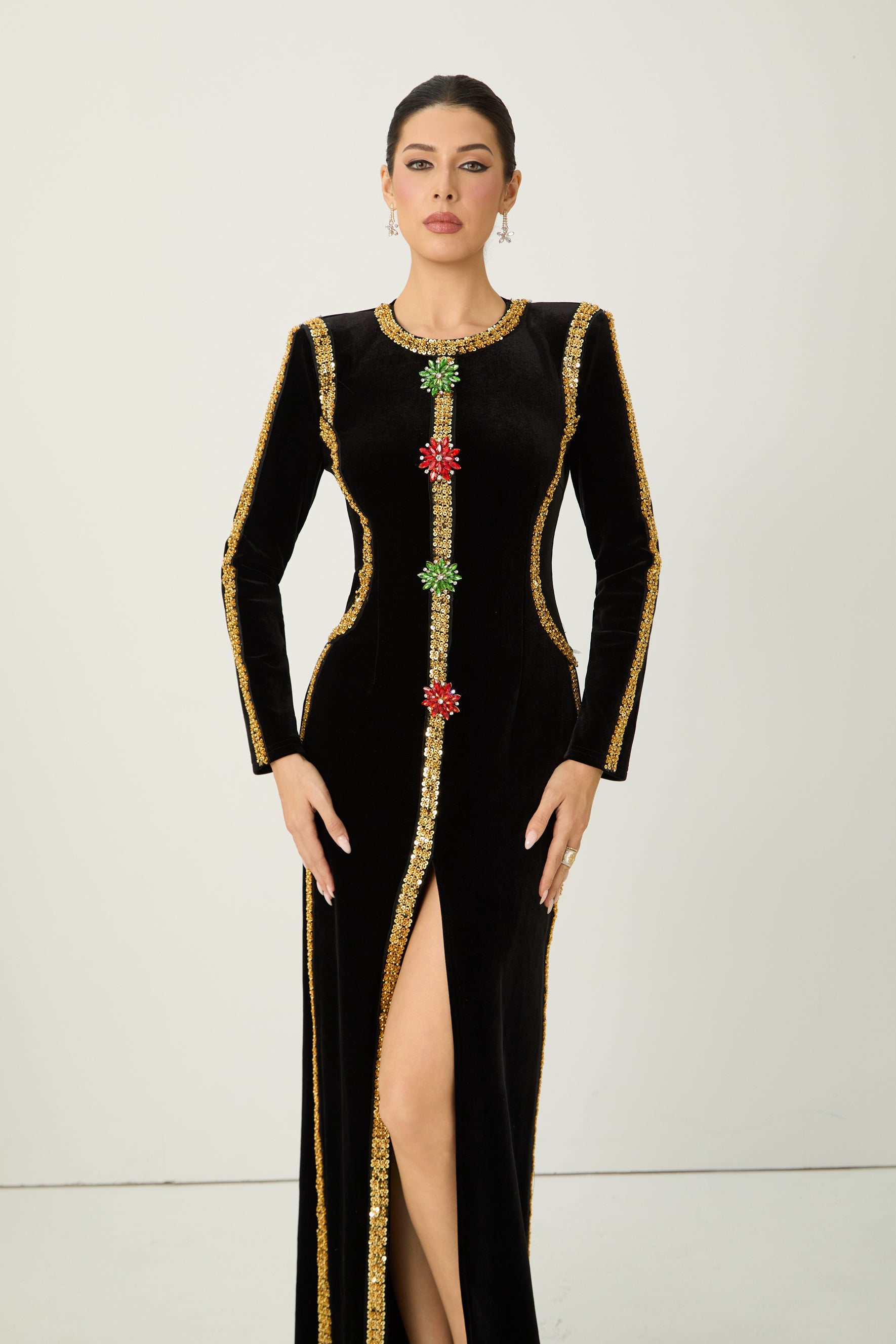 Dramatic Stunner Black Sequin Trim Crystal Brooch Velvet Maxi Dress