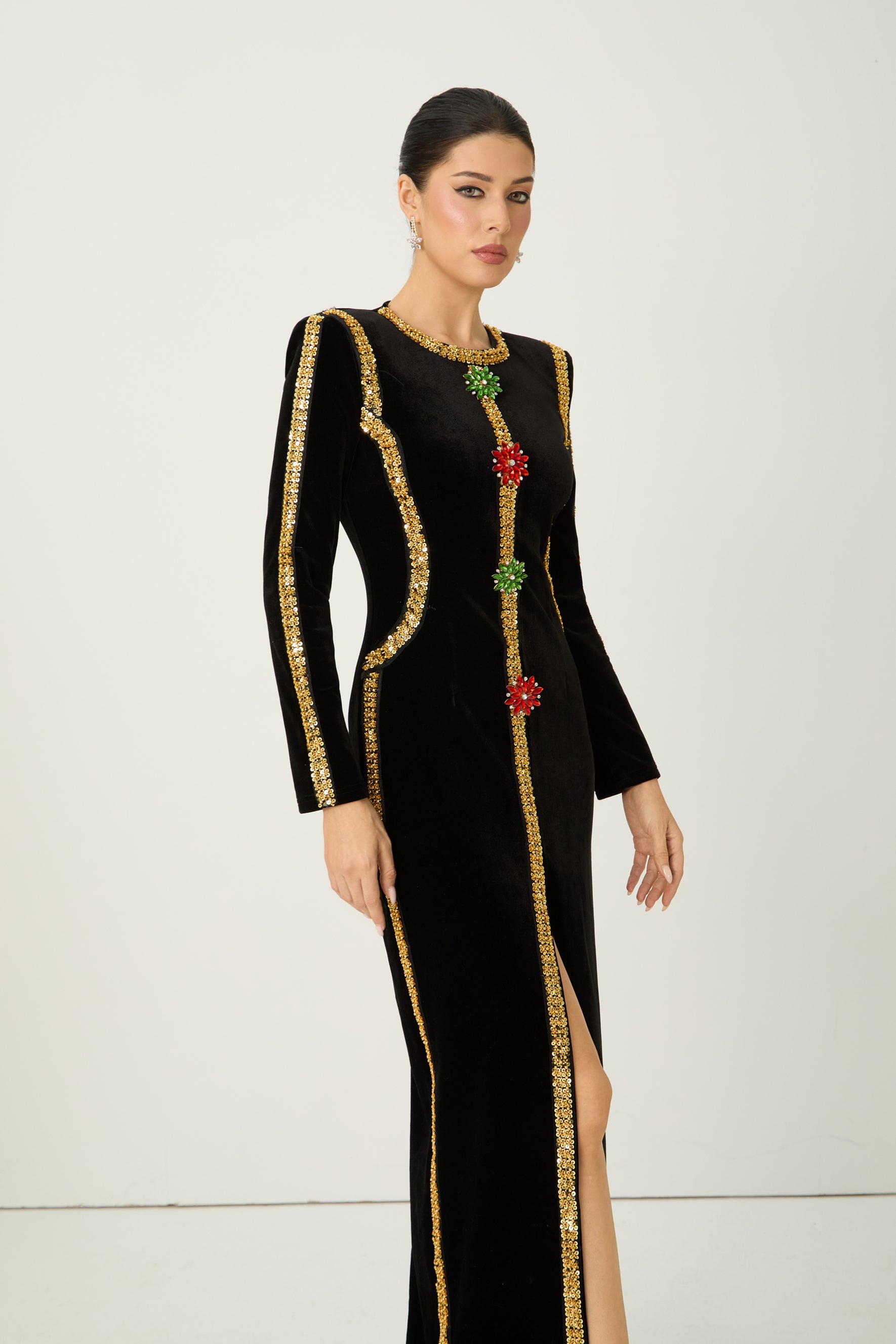 Dramatic Stunner Black Sequin Trim Crystal Brooch Velvet Maxi Dress