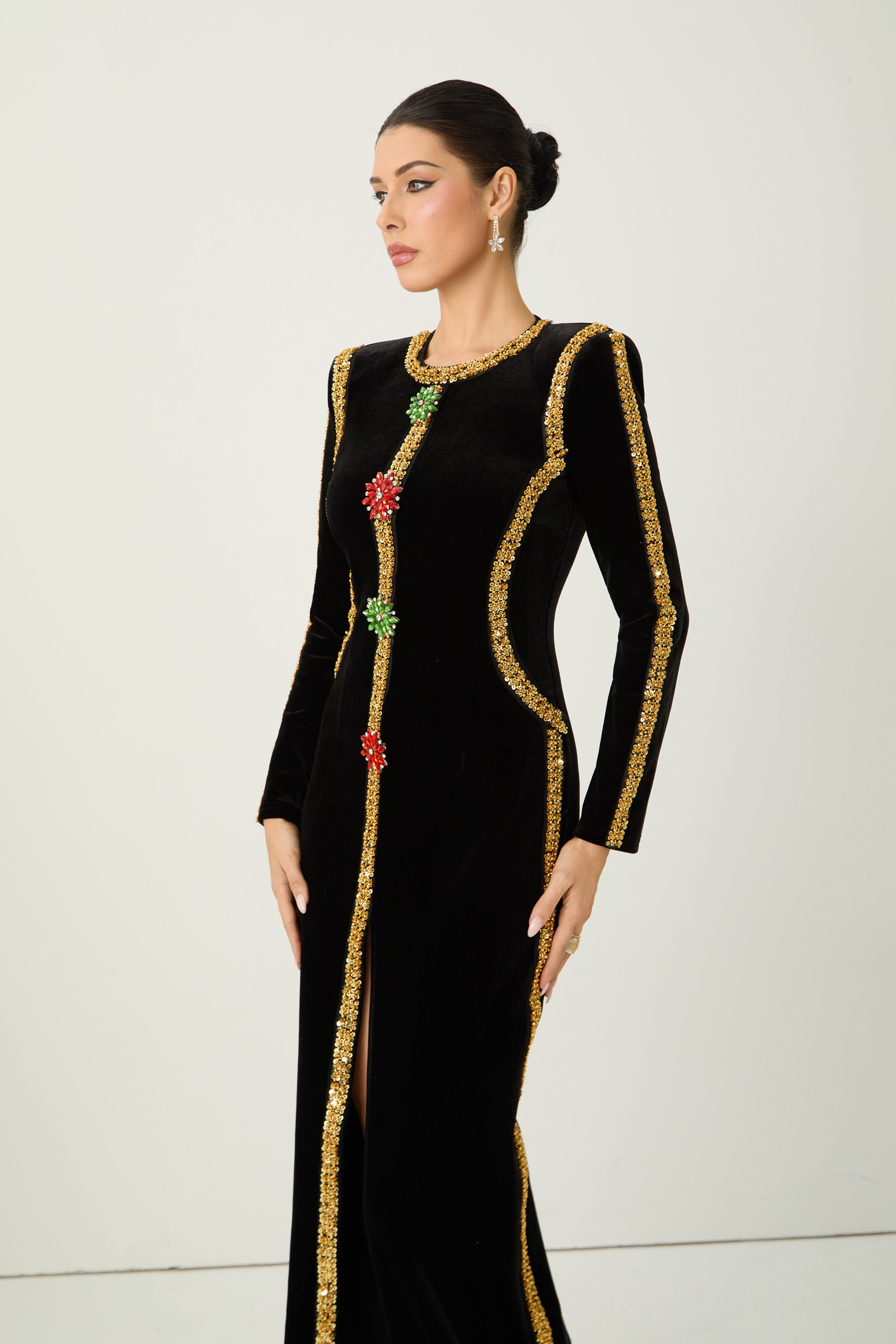 Dramatic Stunner Black Sequin Trim Crystal Brooch Velvet Maxi Dress