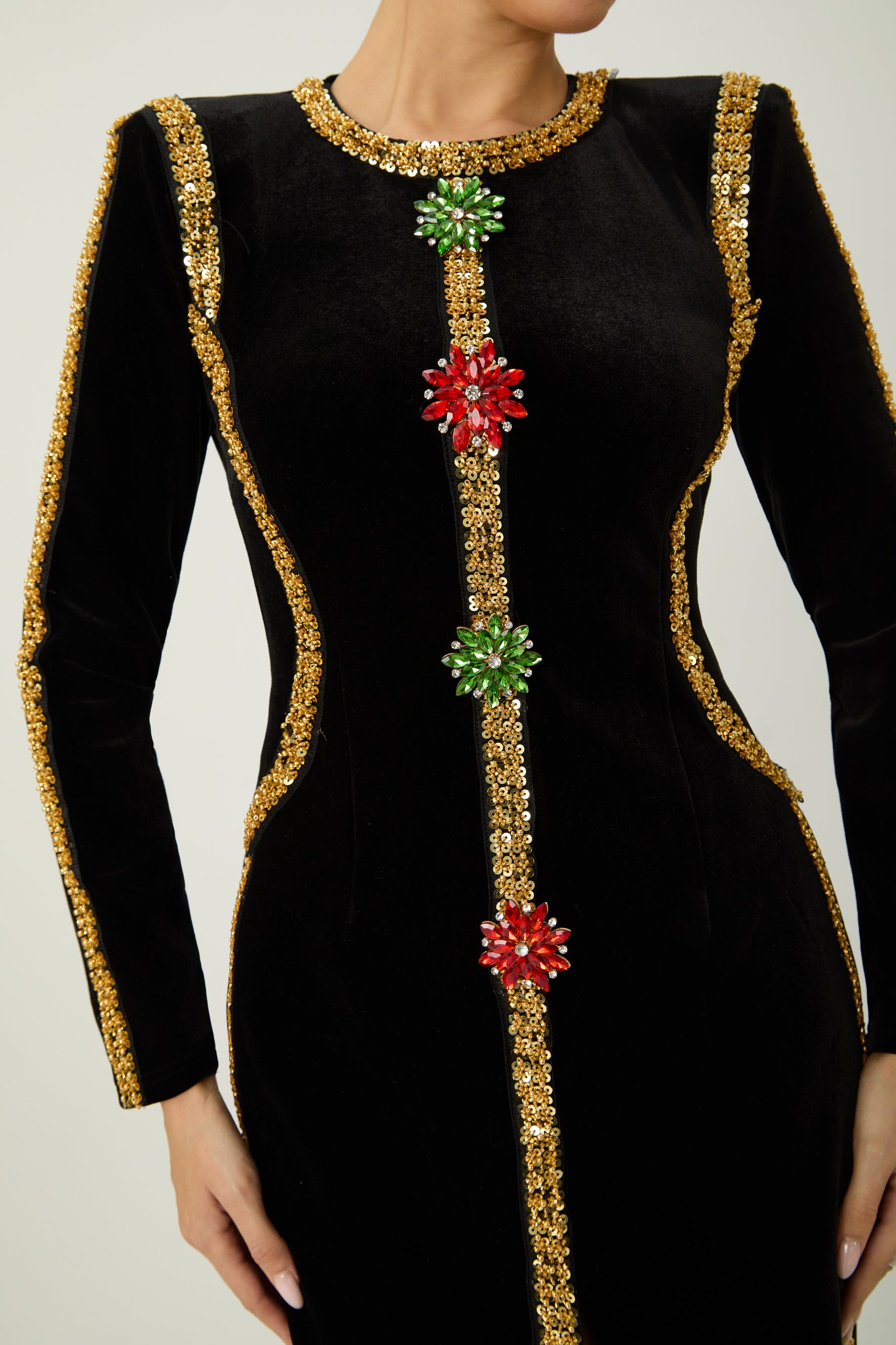 Dramatic Stunner Black Sequin Trim Crystal Brooch Velvet Maxi Dress