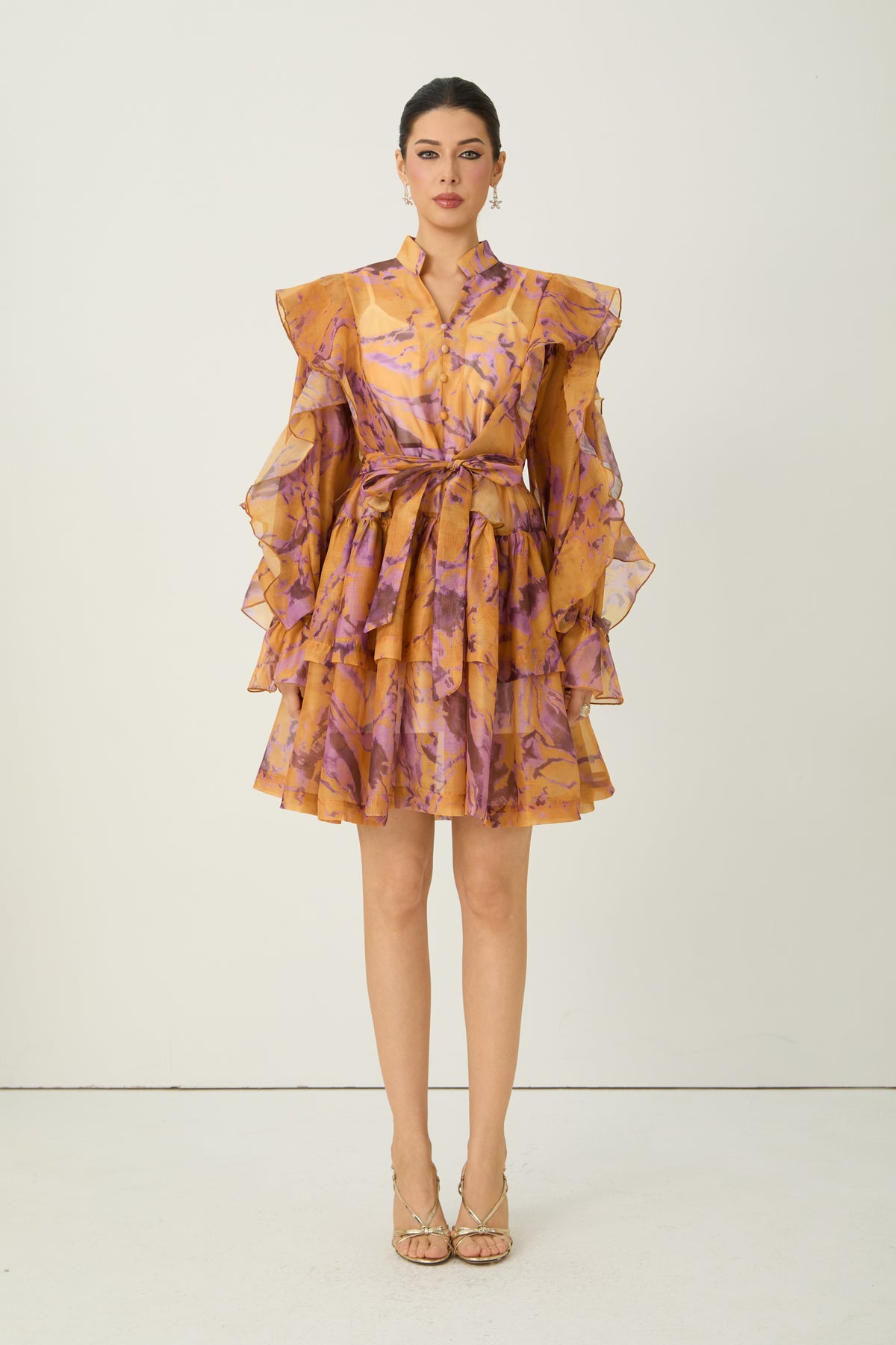 Want The Best Orange Abstract Print Ruffle Shoulder Mini Dress