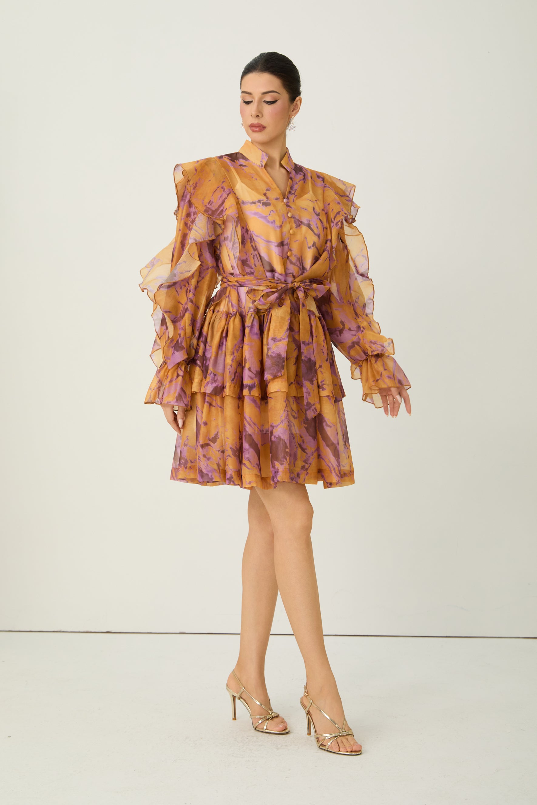 Want The Best Orange Abstract Print Ruffle Shoulder Mini Dress