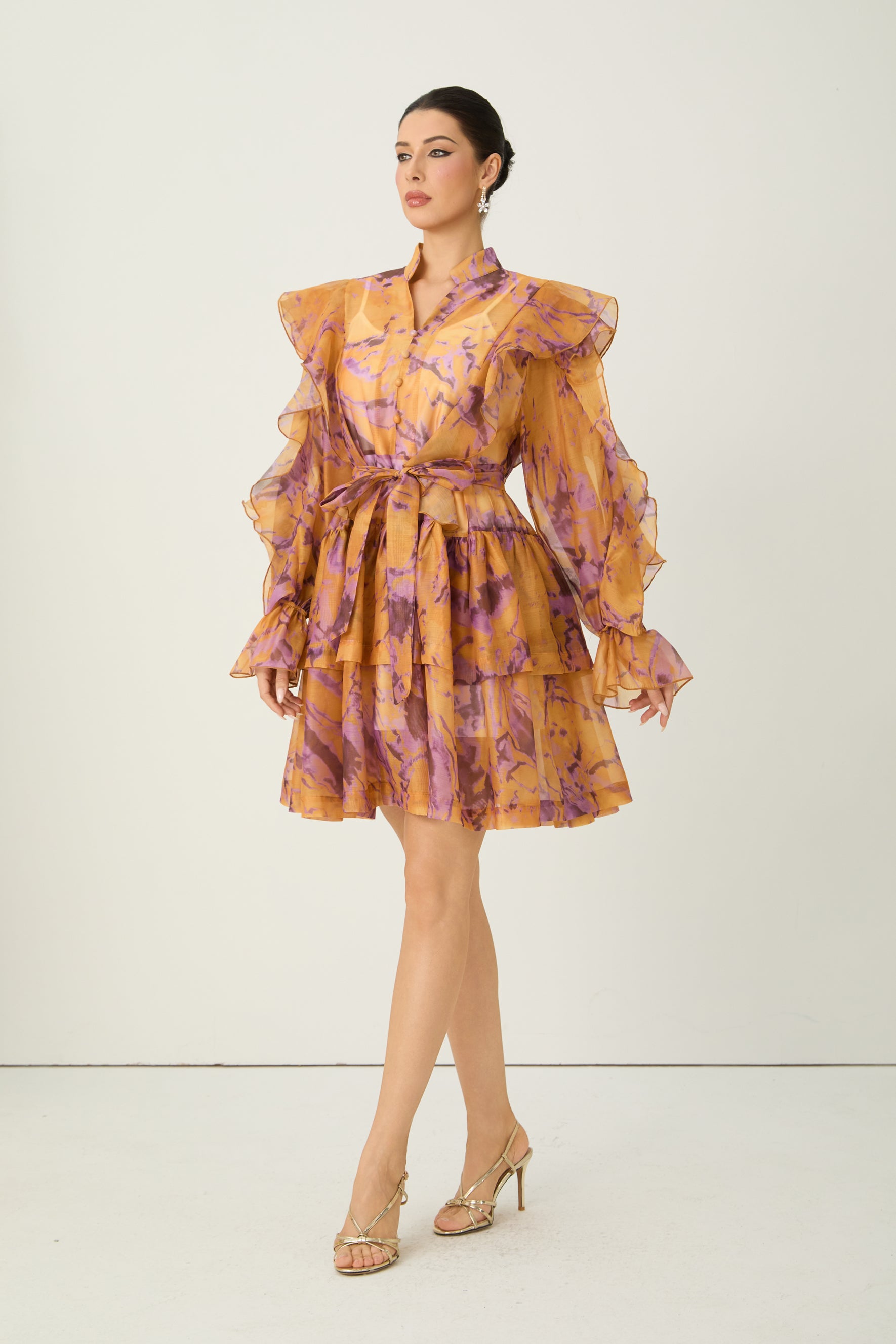 Want The Best Orange Abstract Print Ruffle Shoulder Mini Dress