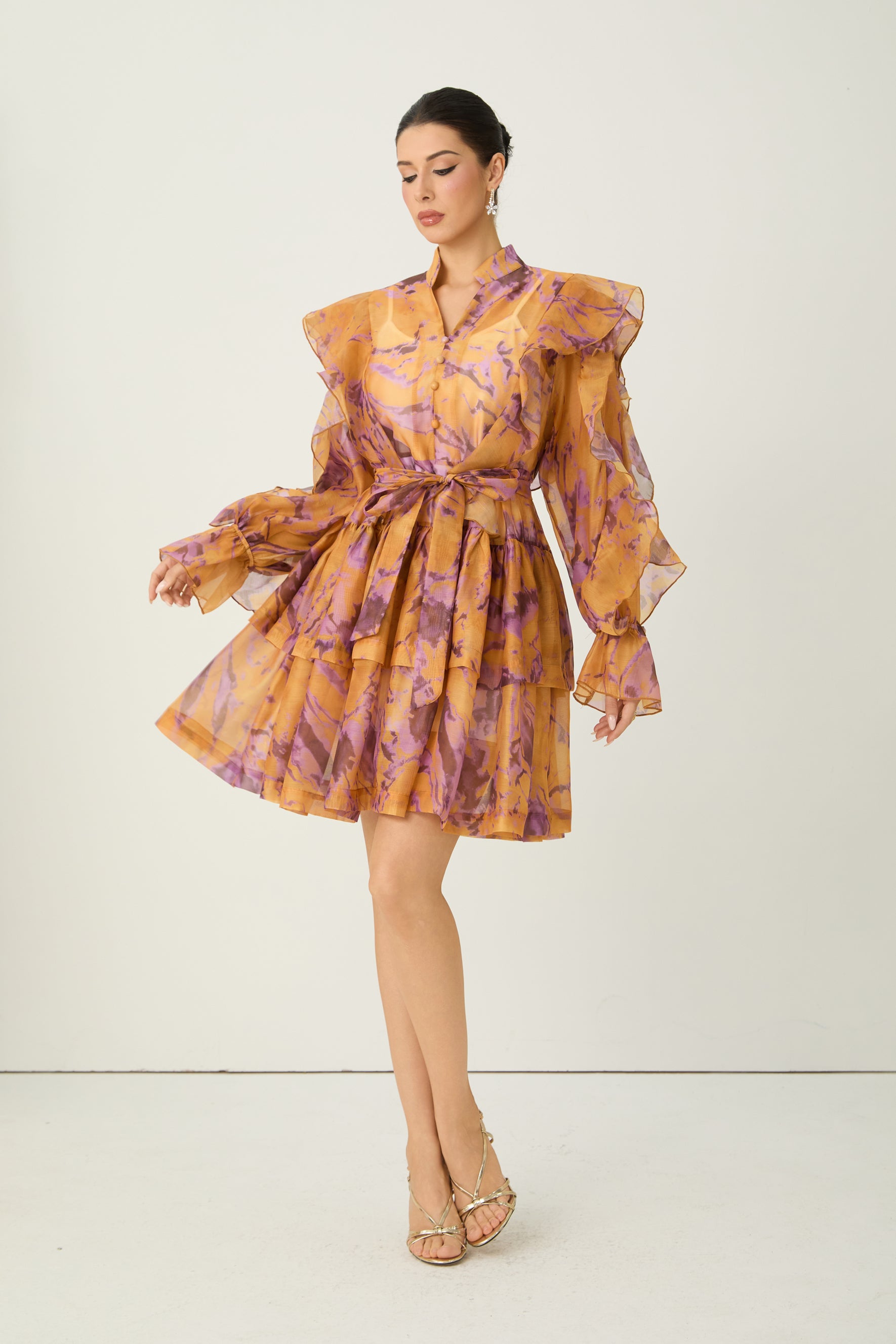 Want The Best Orange Abstract Print Ruffle Shoulder Mini Dress