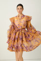 Want The Best Orange Abstract Print Ruffle Shoulder Mini Dress