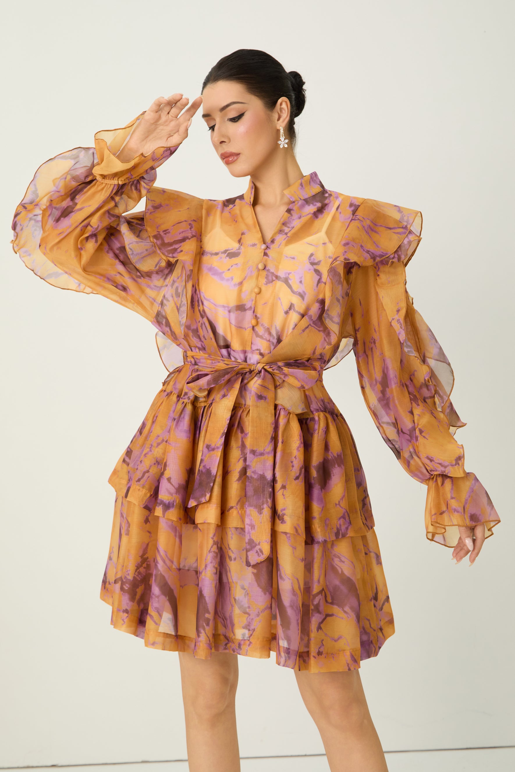 Want The Best Orange Abstract Print Ruffle Shoulder Mini Dress