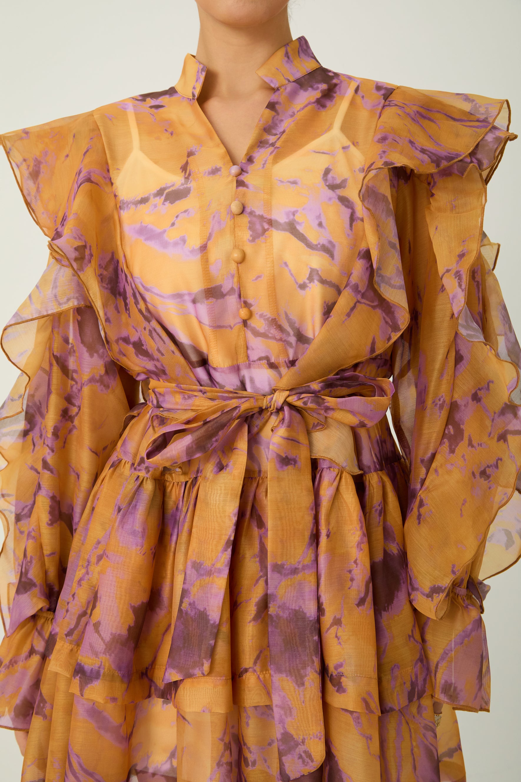 Want The Best Orange Abstract Print Ruffle Shoulder Mini Dress