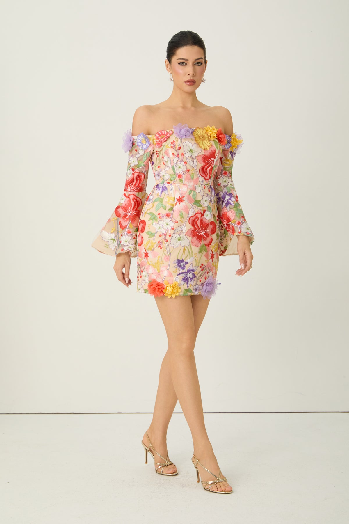 Passion And Petals Multi Floral Applique Off Shoulder Mini Dress