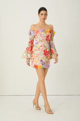 Passion And Petals Multi Floral Applique Off Shoulder Mini Dress