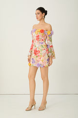 Passion And Petals Multi Floral Applique Off Shoulder Mini Dress