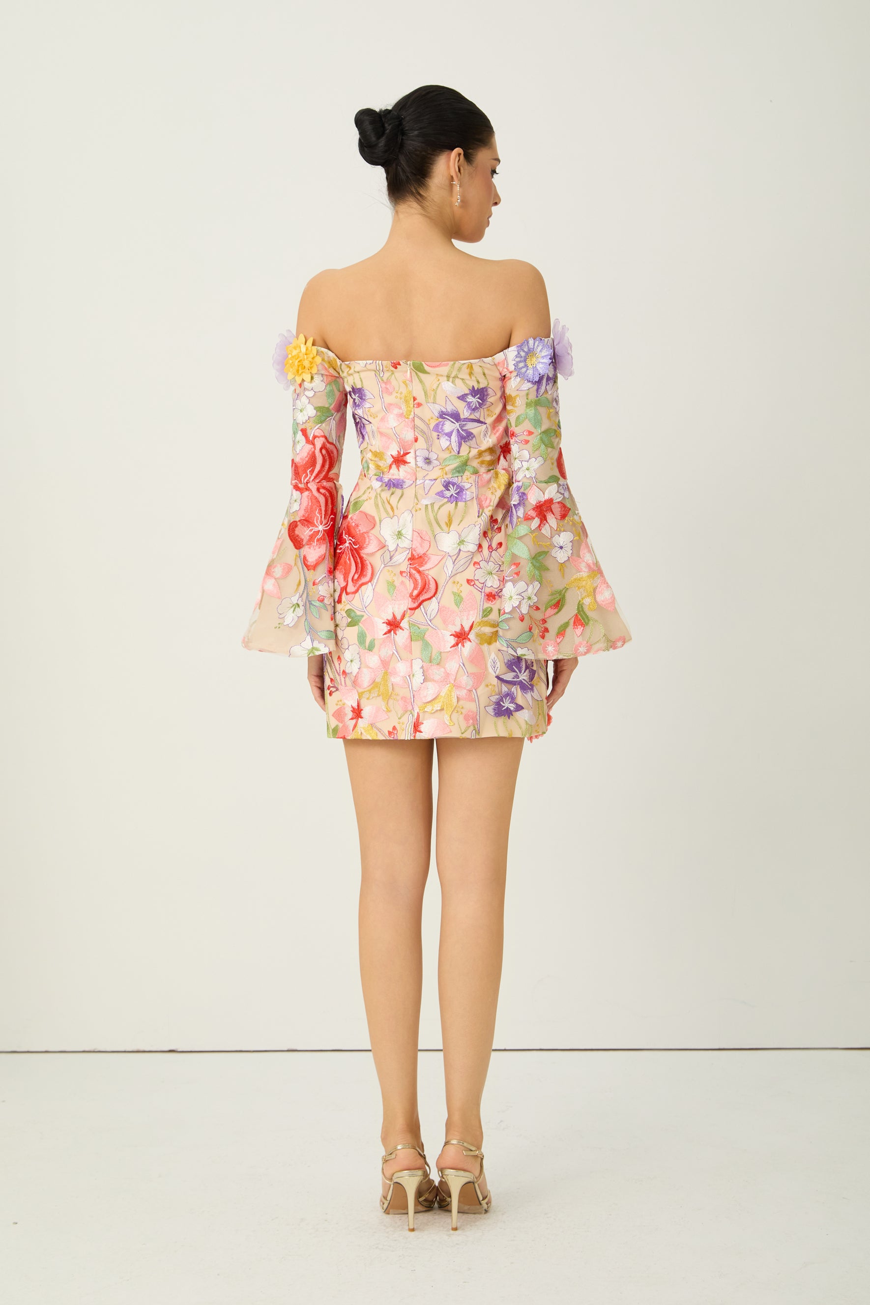 Passion And Petals Multi Floral Applique Off Shoulder Mini Dress