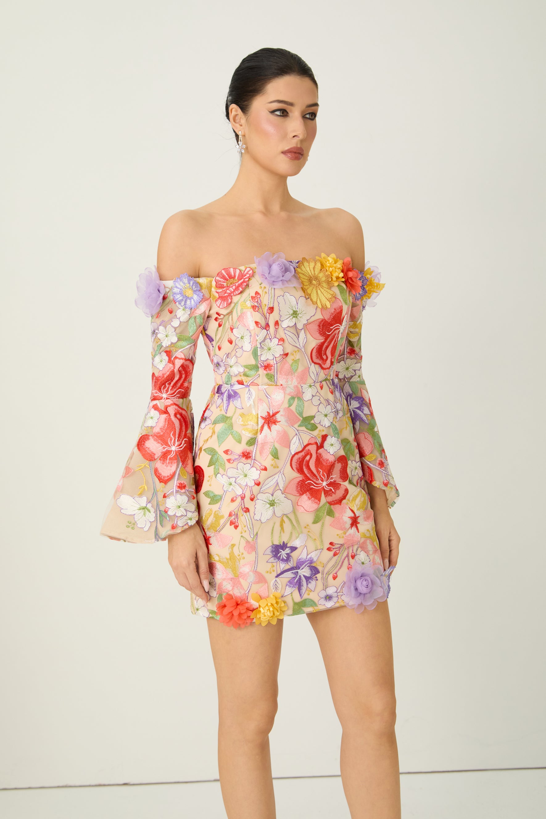 Passion And Petals Multi Floral Applique Off Shoulder Mini Dress