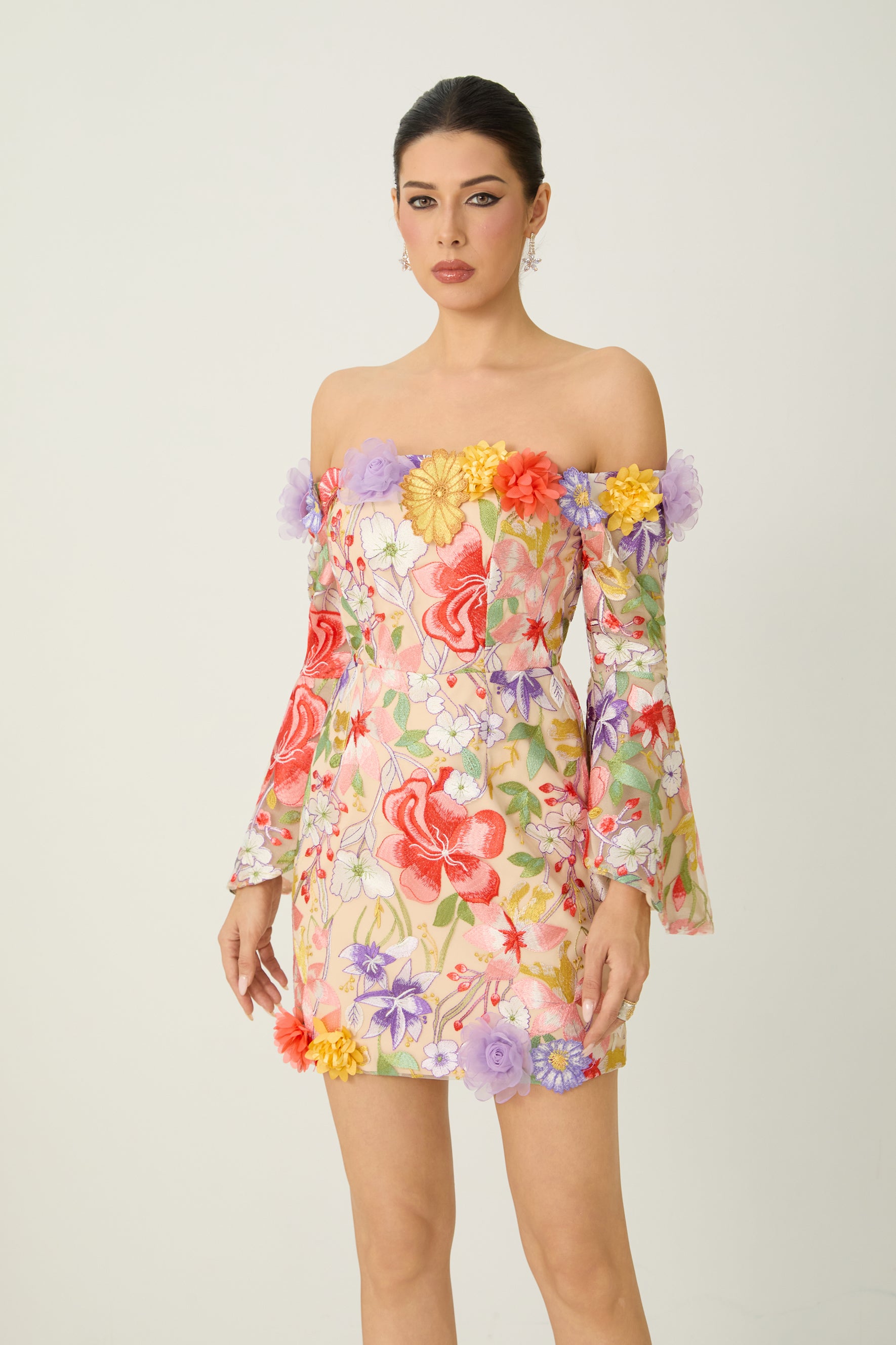 Passion And Petals Multi Floral Applique Off Shoulder Mini Dress
