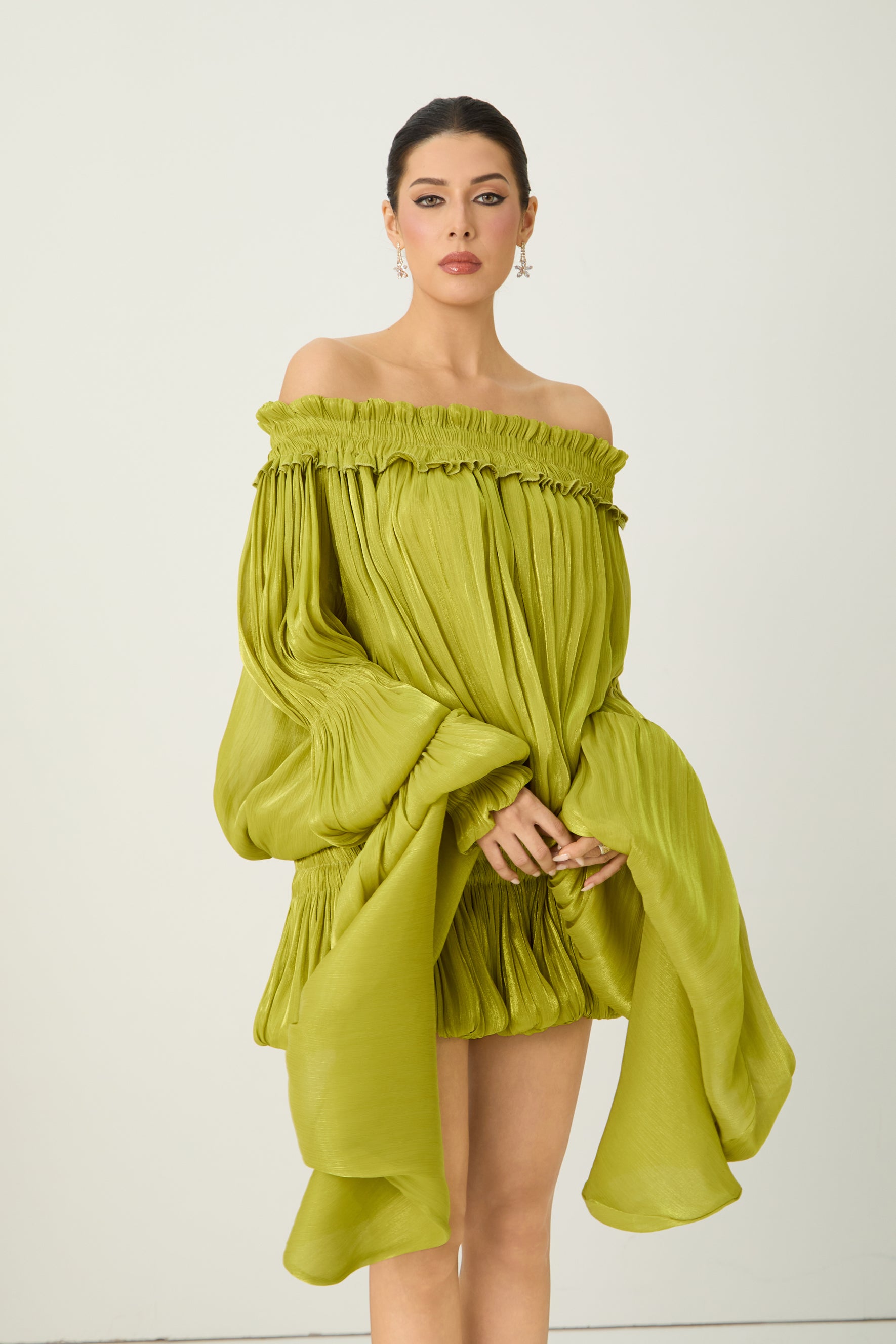 Want The Best Green Off Shoulder Ruffle Mini Dress