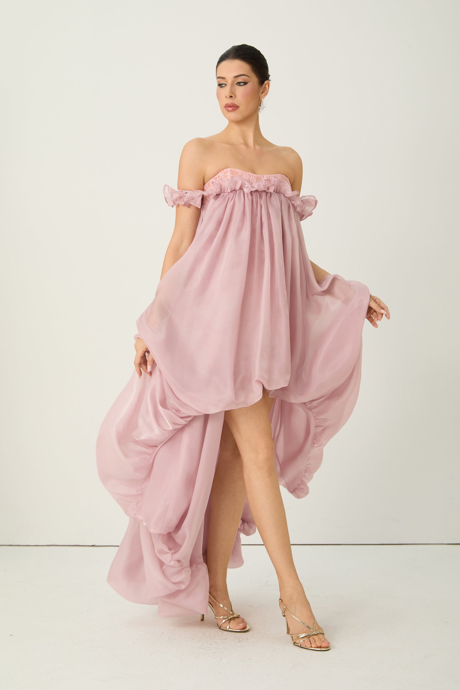 Endlessly Darling Pink Off Shoulder High Low Ruffle Maxi Dress