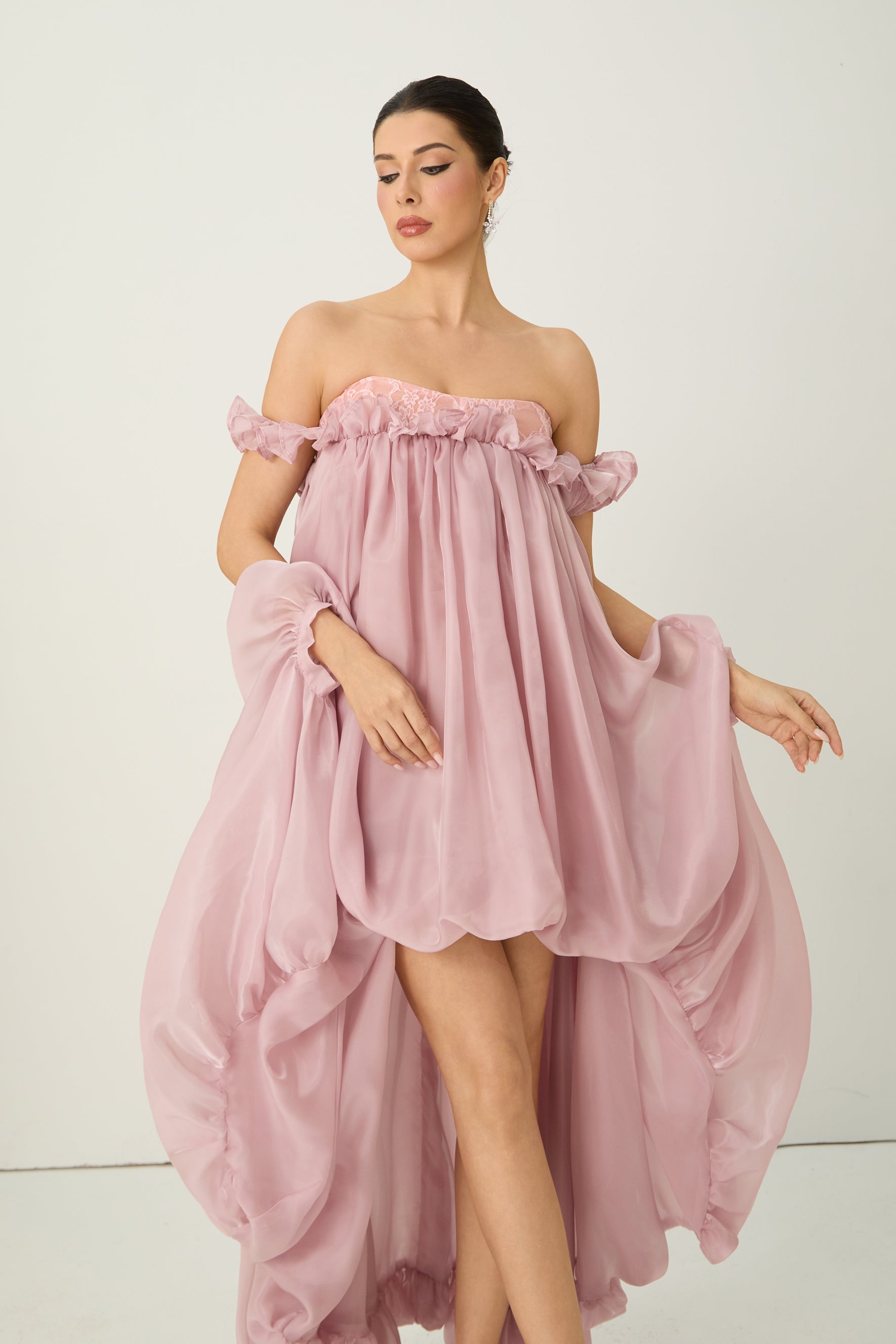 Endlessly Darling Pink Off Shoulder High Low Ruffle Maxi Dress