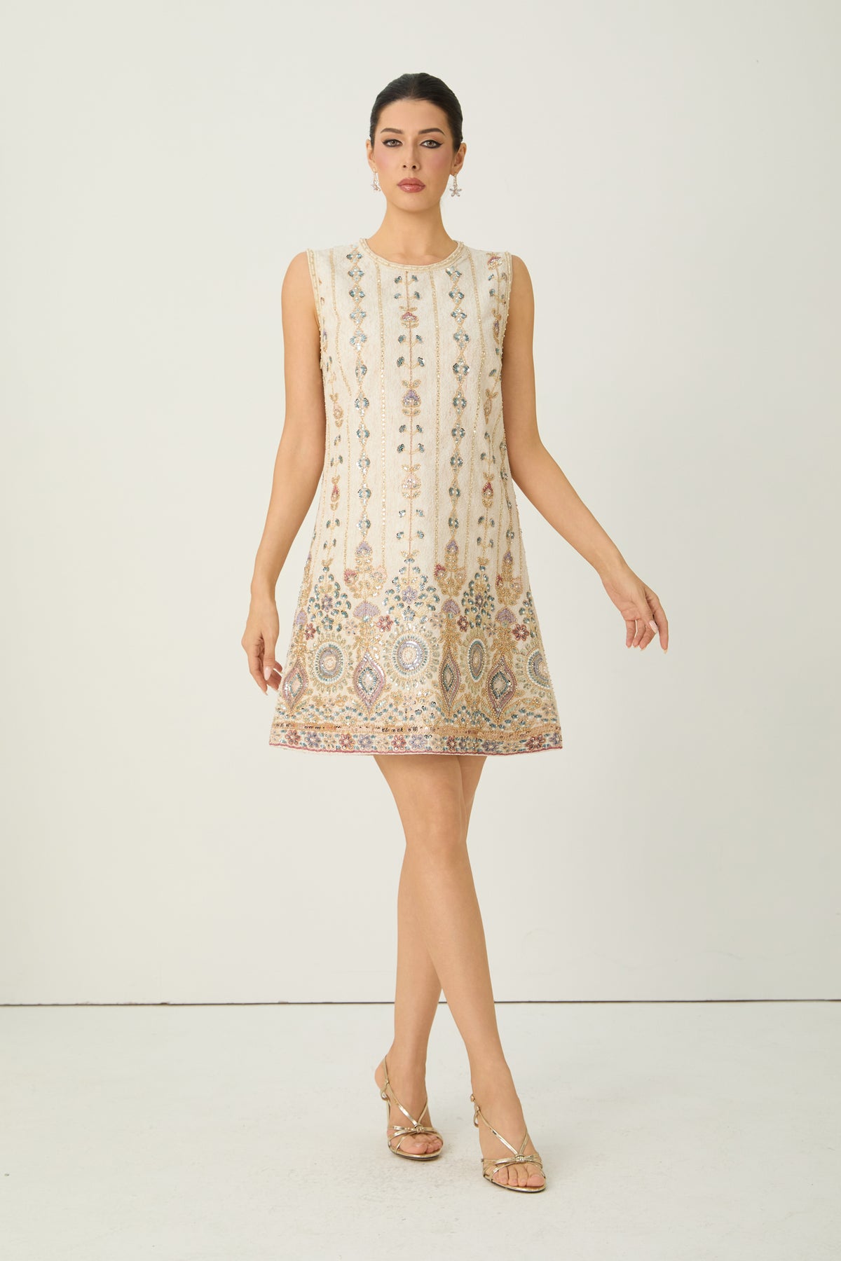 Glamorous Choice Beige Sequin Embroidered Sleeveless Mini Dress