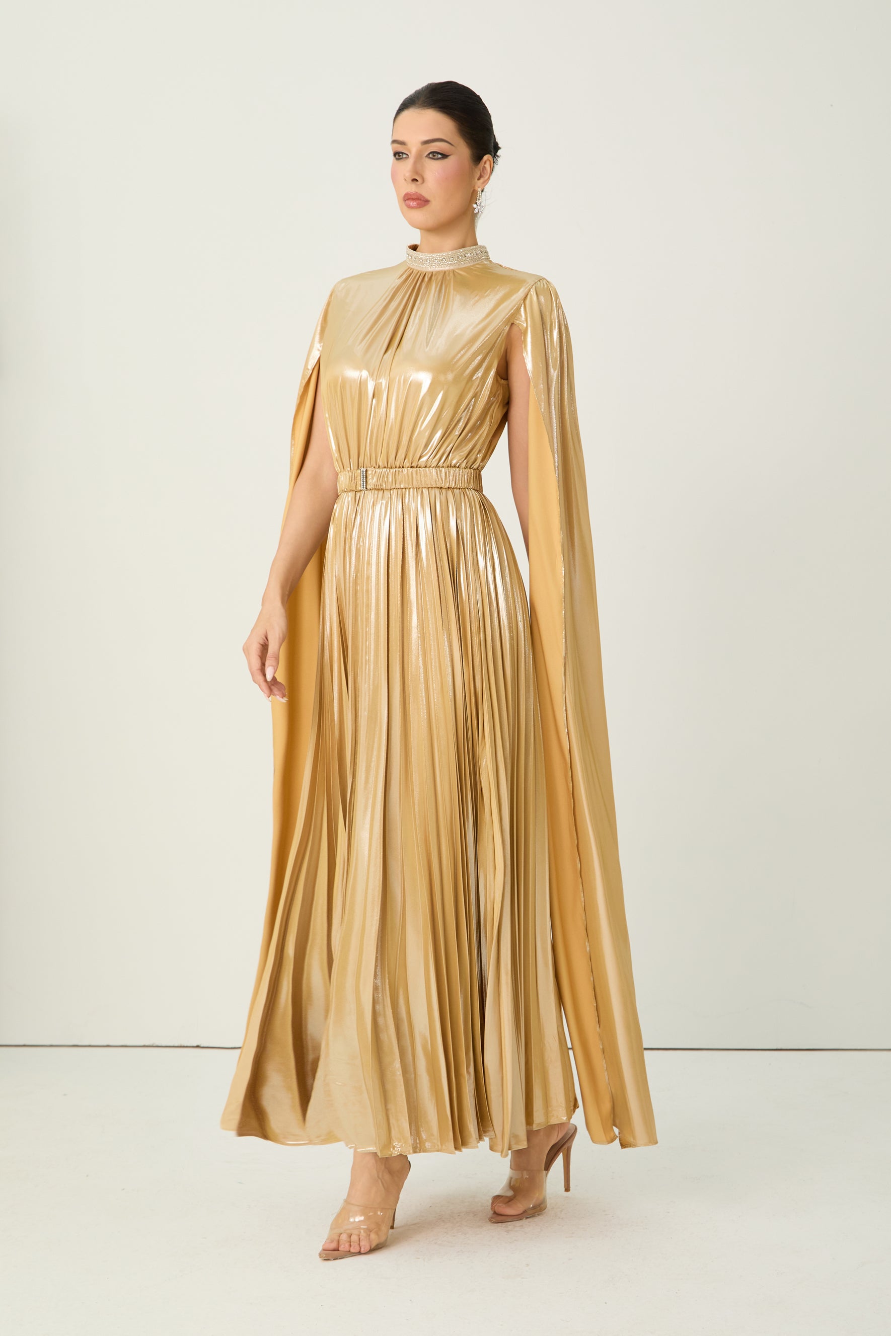 Starlit Shores Gold Cape Sleeve Pleated Maxi Dress
