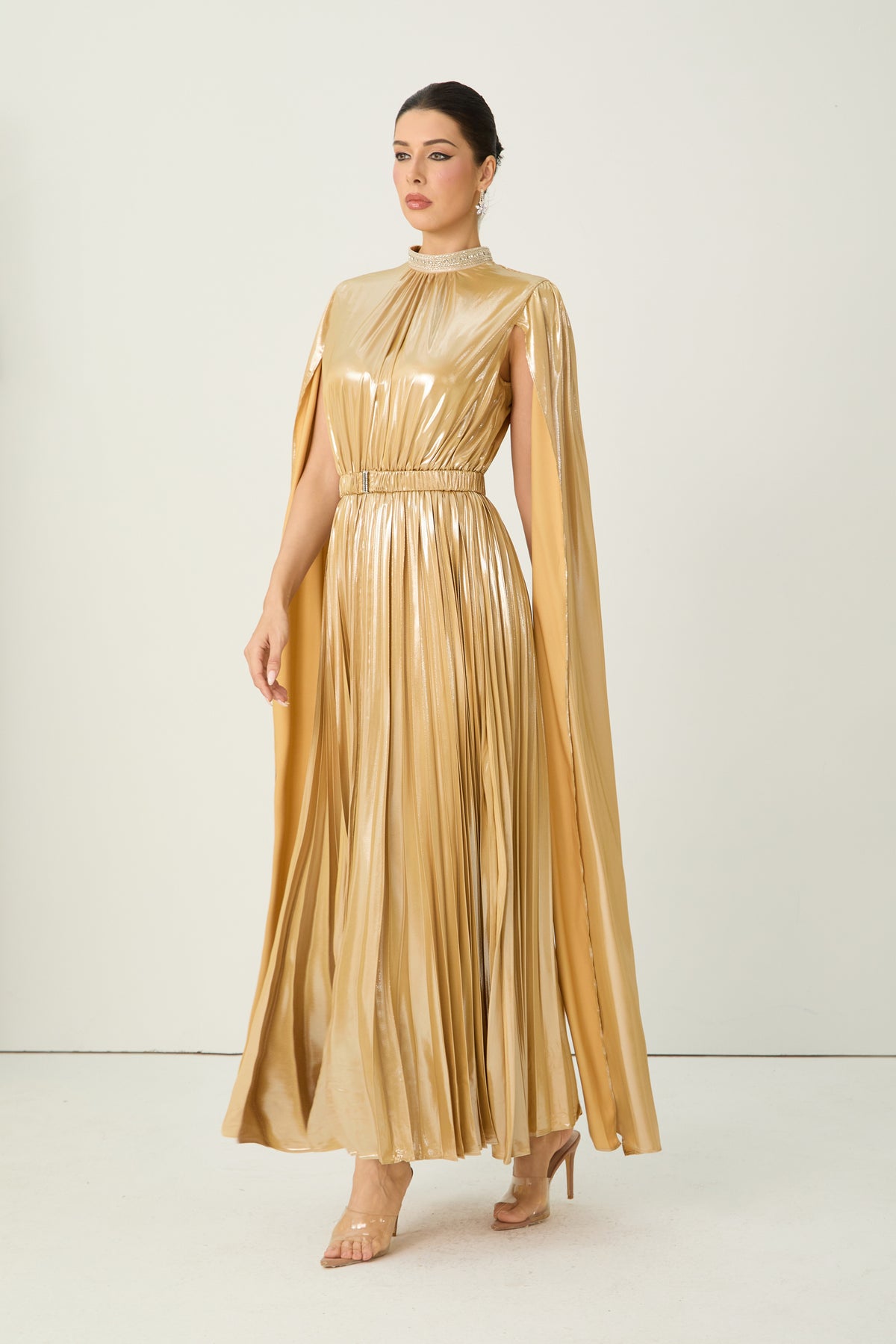 Starlit Shores Gold Cape Sleeve Pleated Maxi Dress