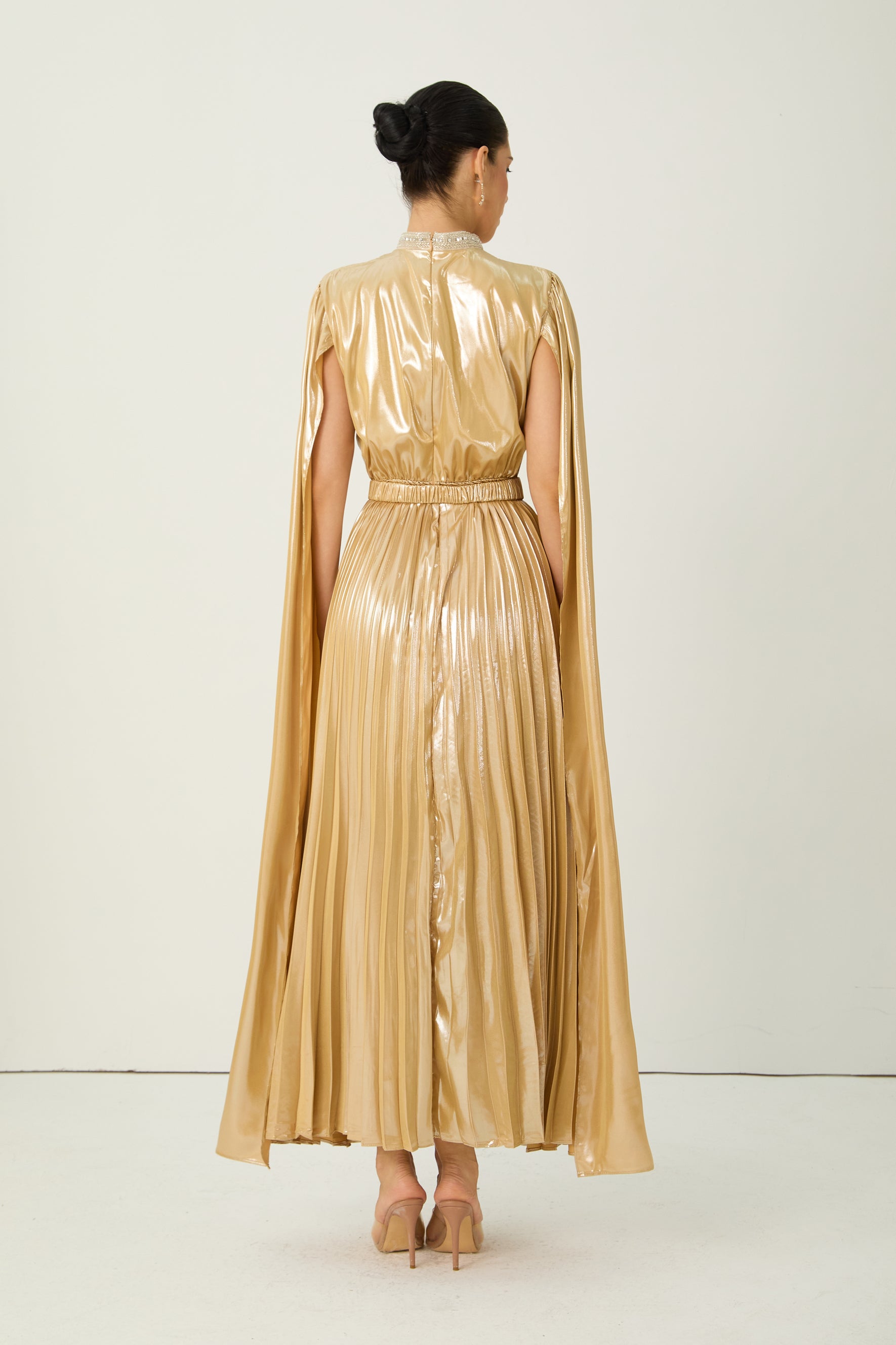 Starlit Shores Gold Cape Sleeve Pleated Maxi Dress
