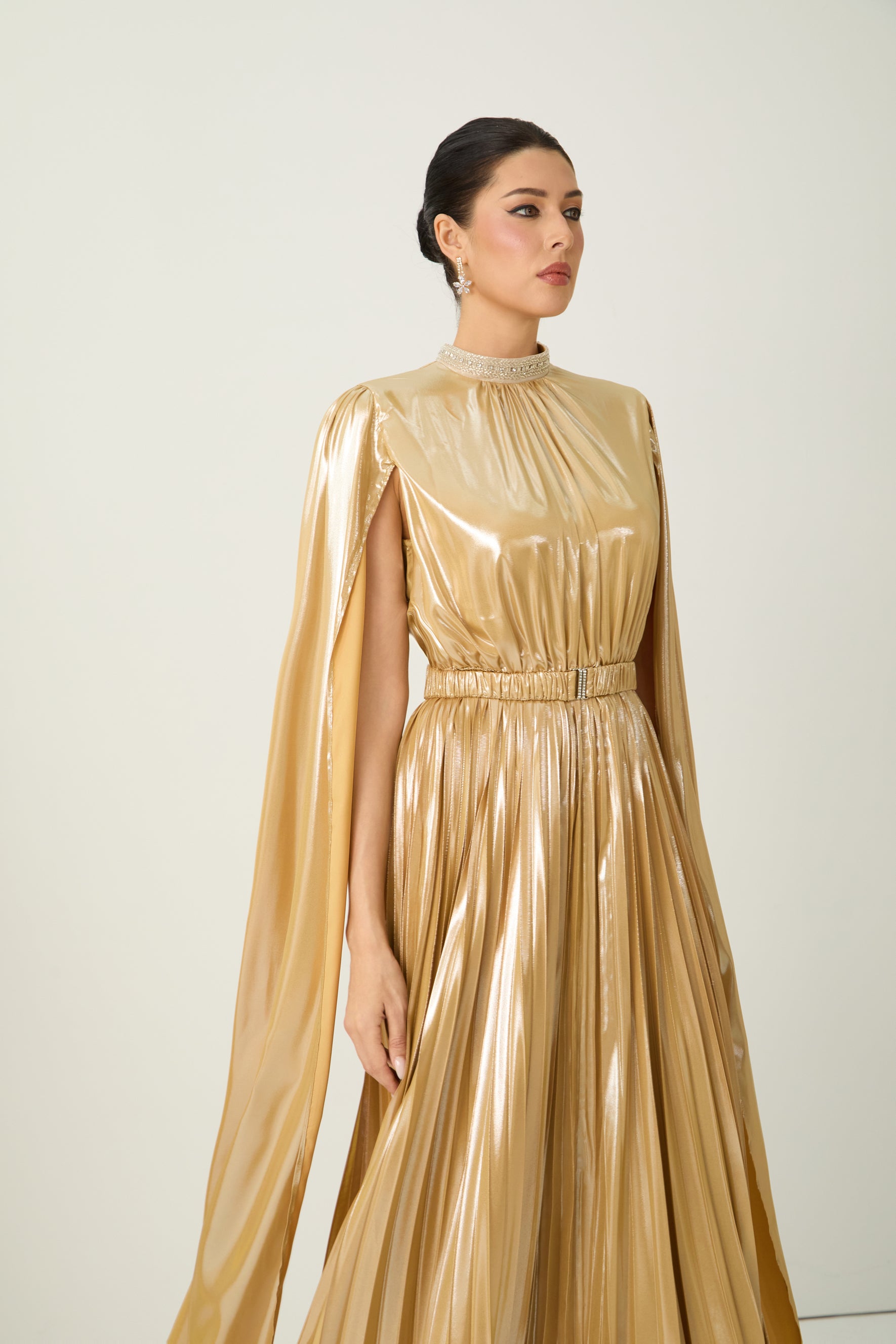 Starlit Shores Gold Cape Sleeve Pleated Maxi Dress