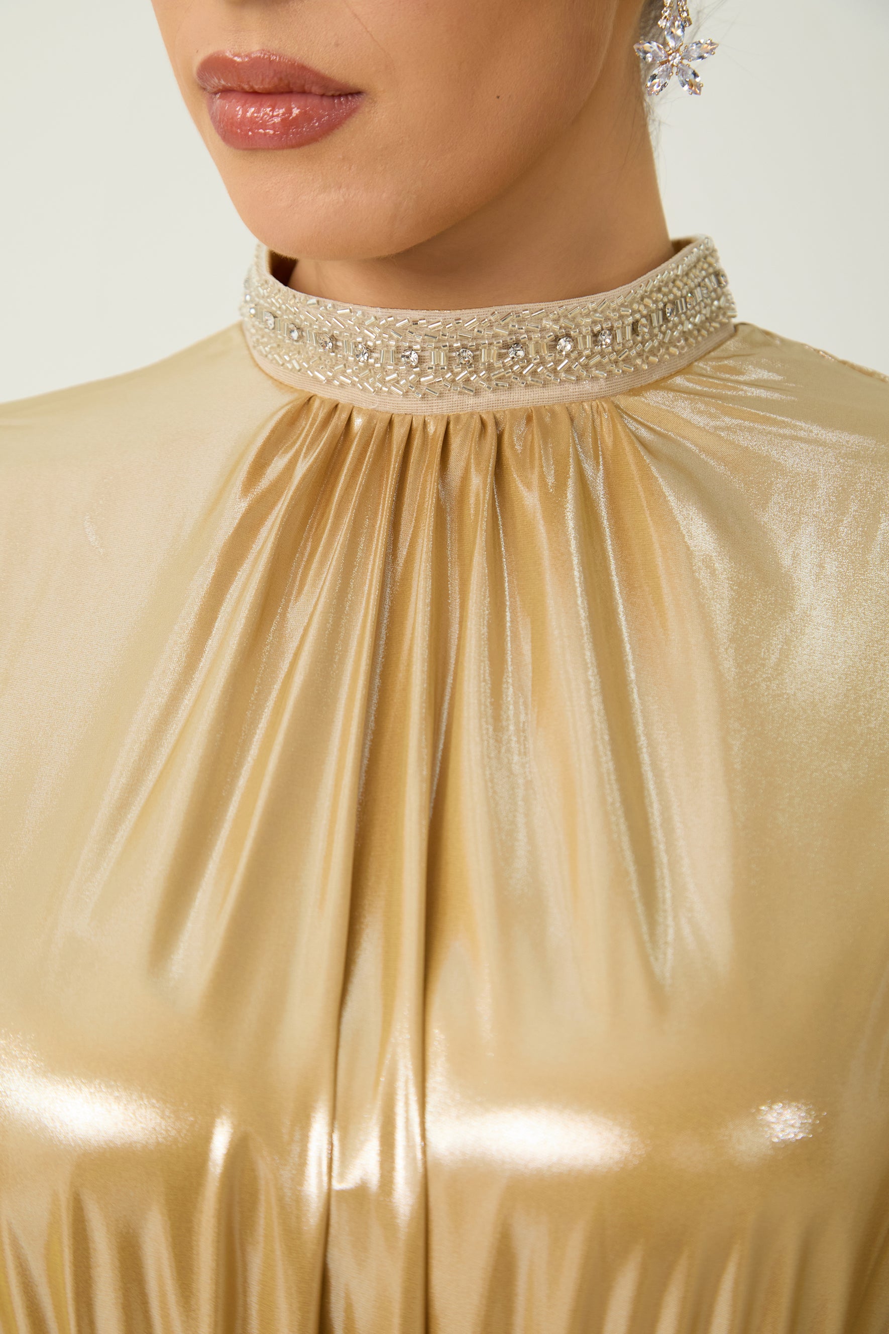 Starlit Shores Gold Cape Sleeve Pleated Maxi Dress