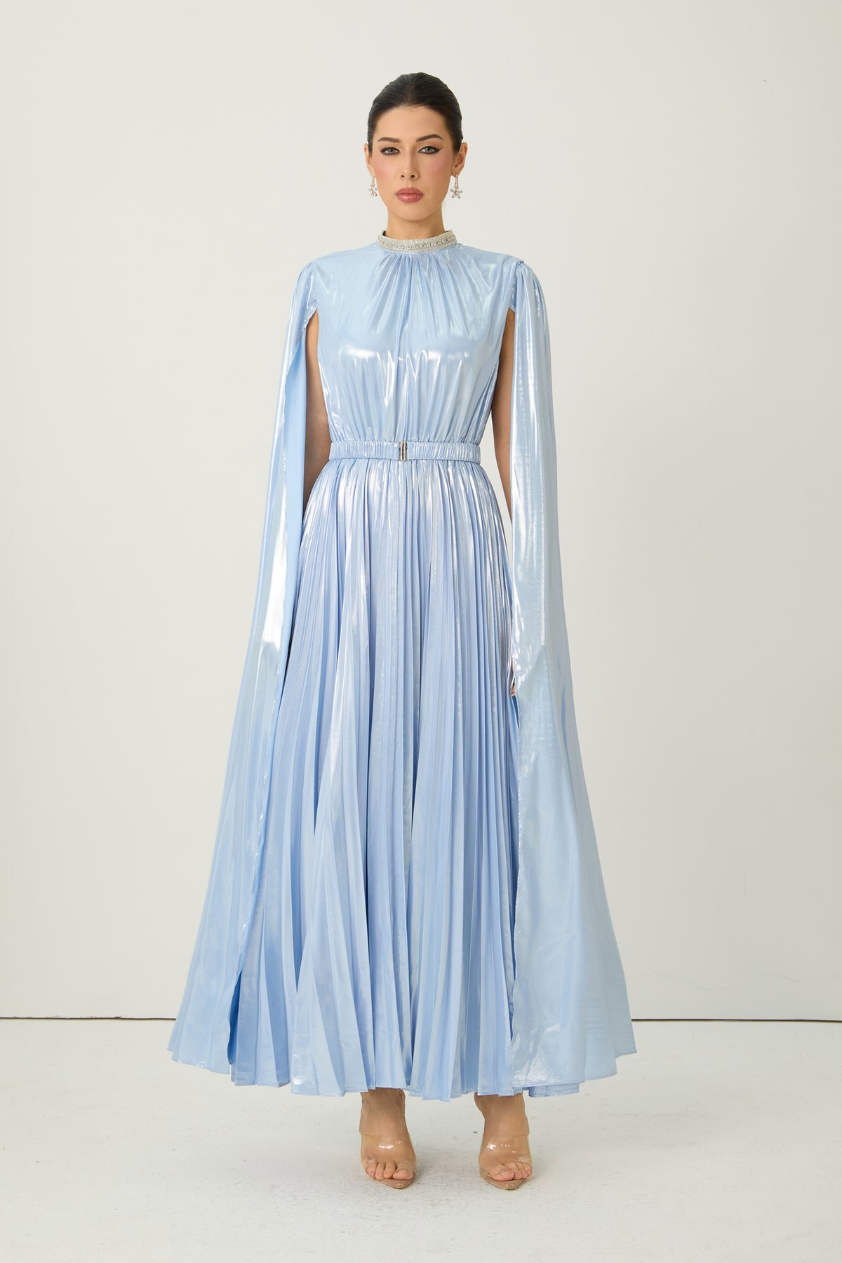 Starlit Shores Blue Cape Sleeve Pleated Maxi Dress