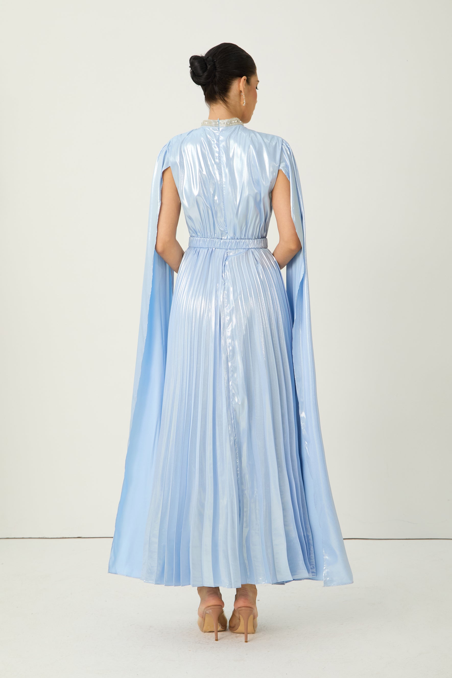 Starlit Shores Blue Cape Sleeve Pleated Maxi Dress