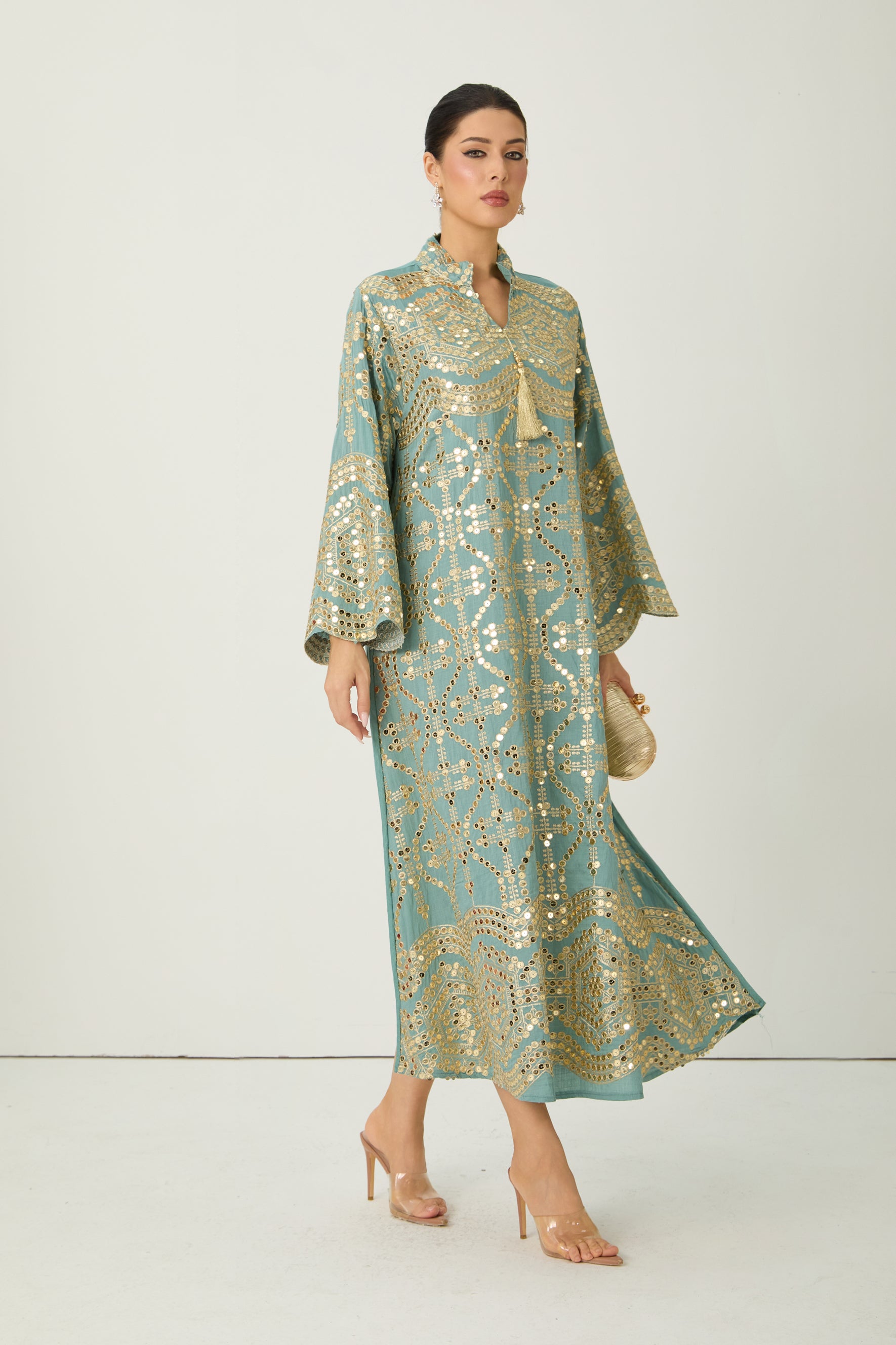 Easily Gorgeous Green Sequin Embroidered Long Sleeve Maxi Kaftan