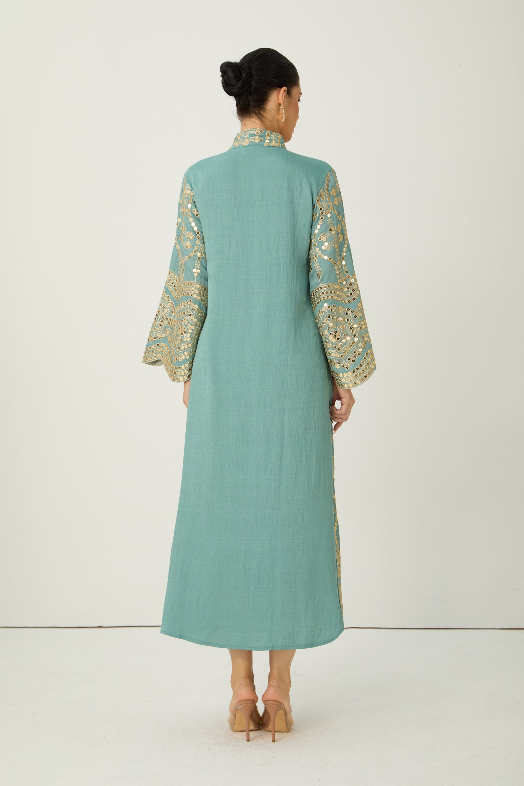 Easily Gorgeous Green Sequin Embroidered Long Sleeve Maxi Kaftan