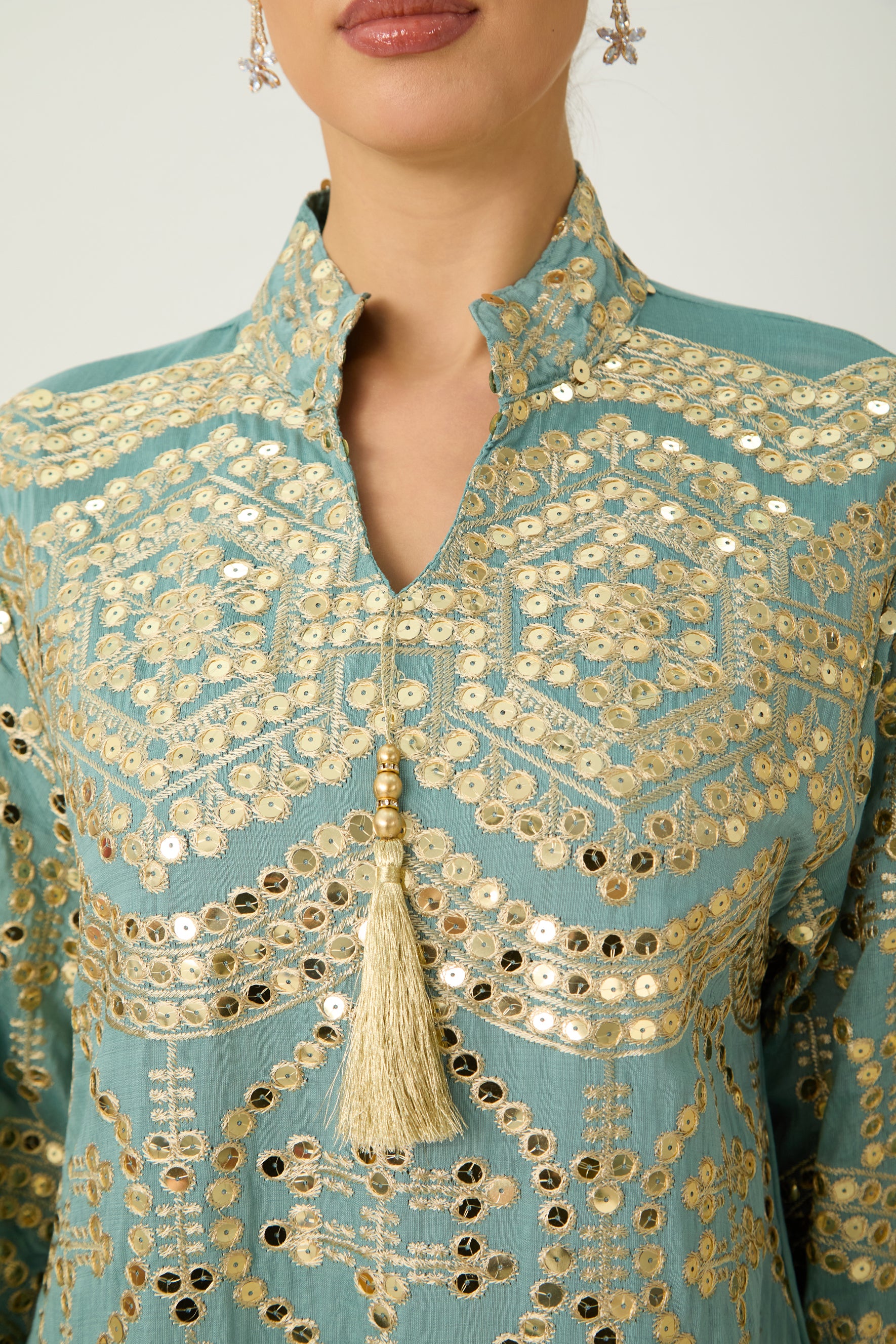 Easily Gorgeous Green Sequin Embroidered Long Sleeve Maxi Kaftan