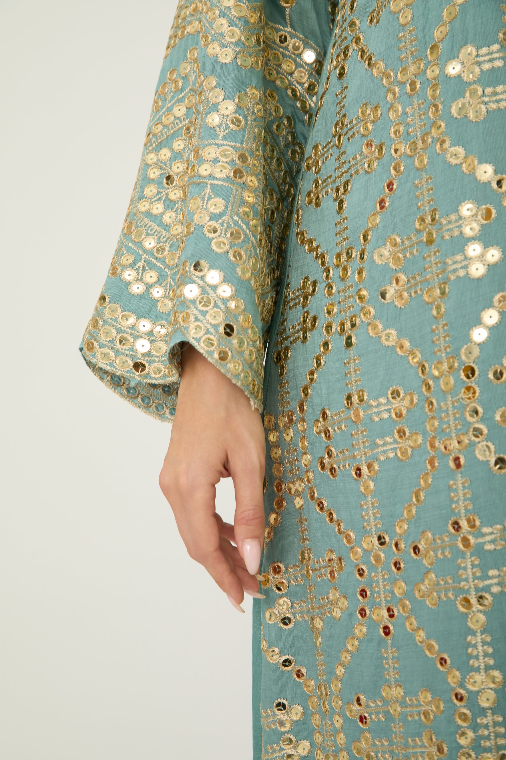 Easily Gorgeous Green Sequin Embroidered Long Sleeve Maxi Kaftan