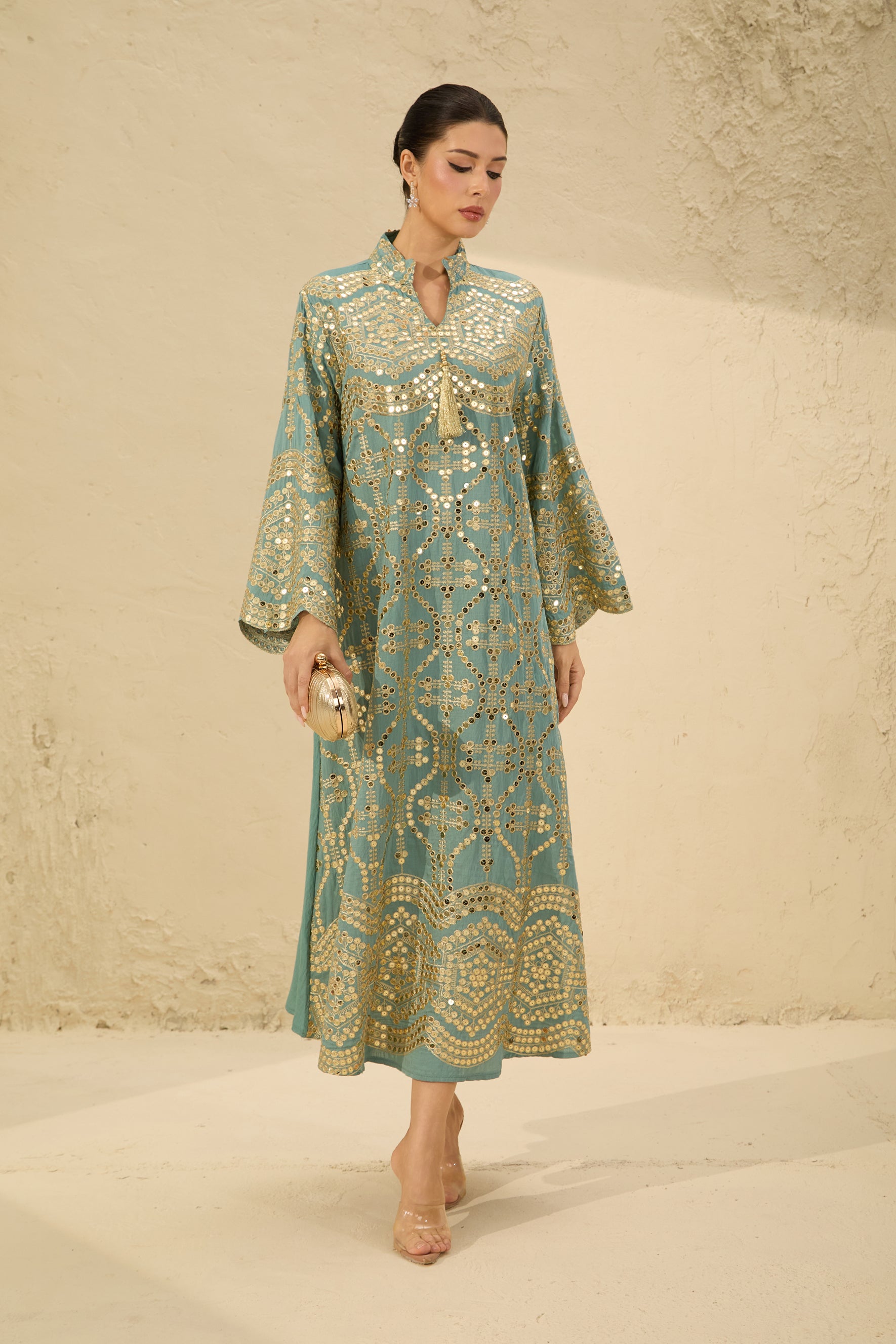 Easily Gorgeous Green Sequin Embroidered Long Sleeve Maxi Kaftan