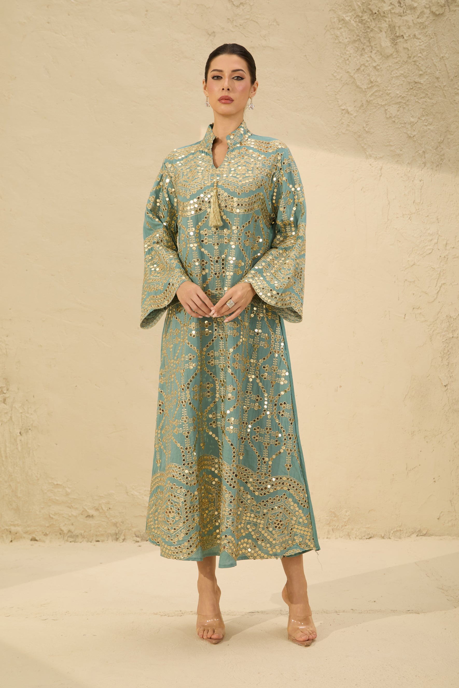 Easily Gorgeous Green Sequin Embroidered Long Sleeve Maxi Kaftan