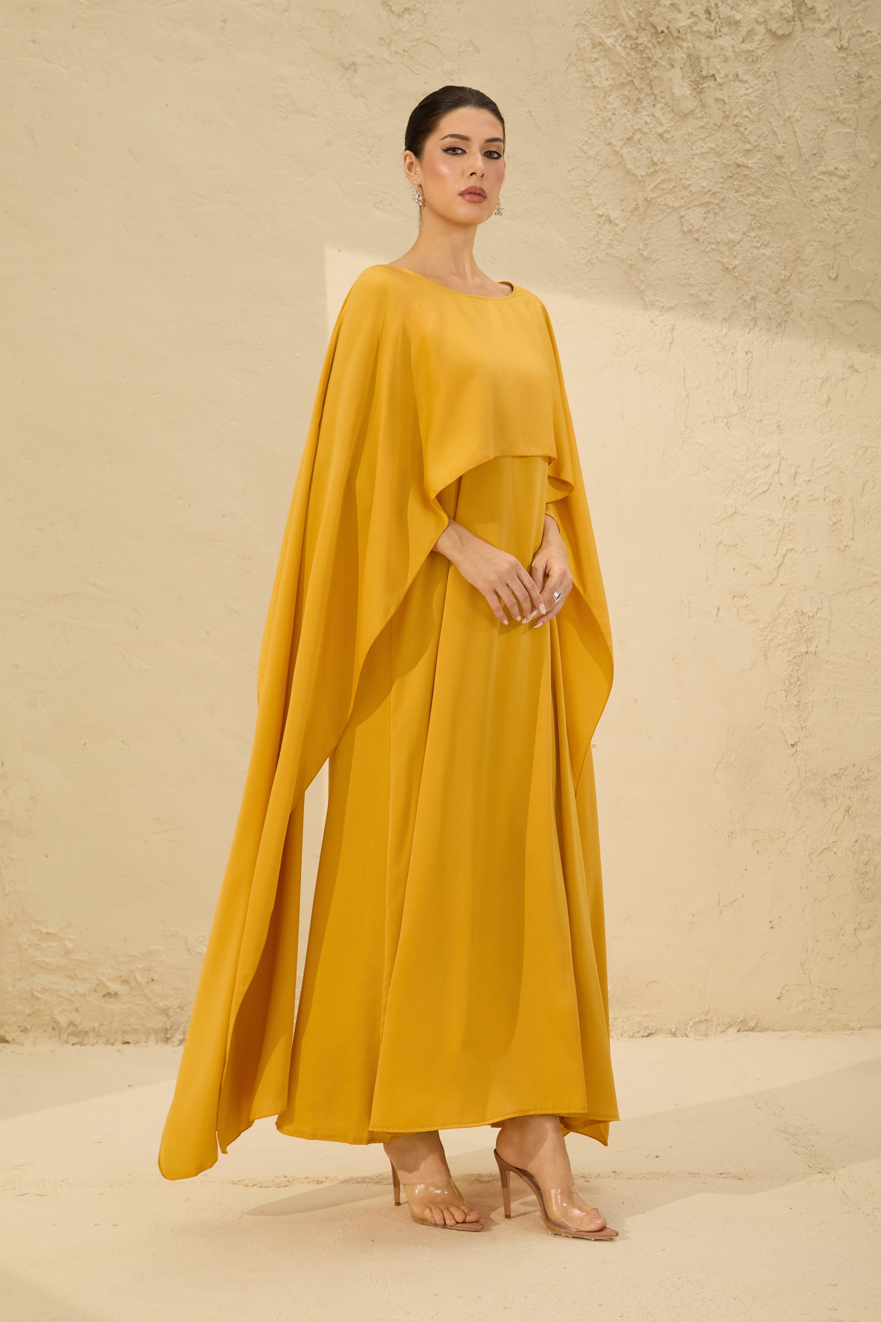 Bright Season Yellow Cape Sleeve Maxi Dress