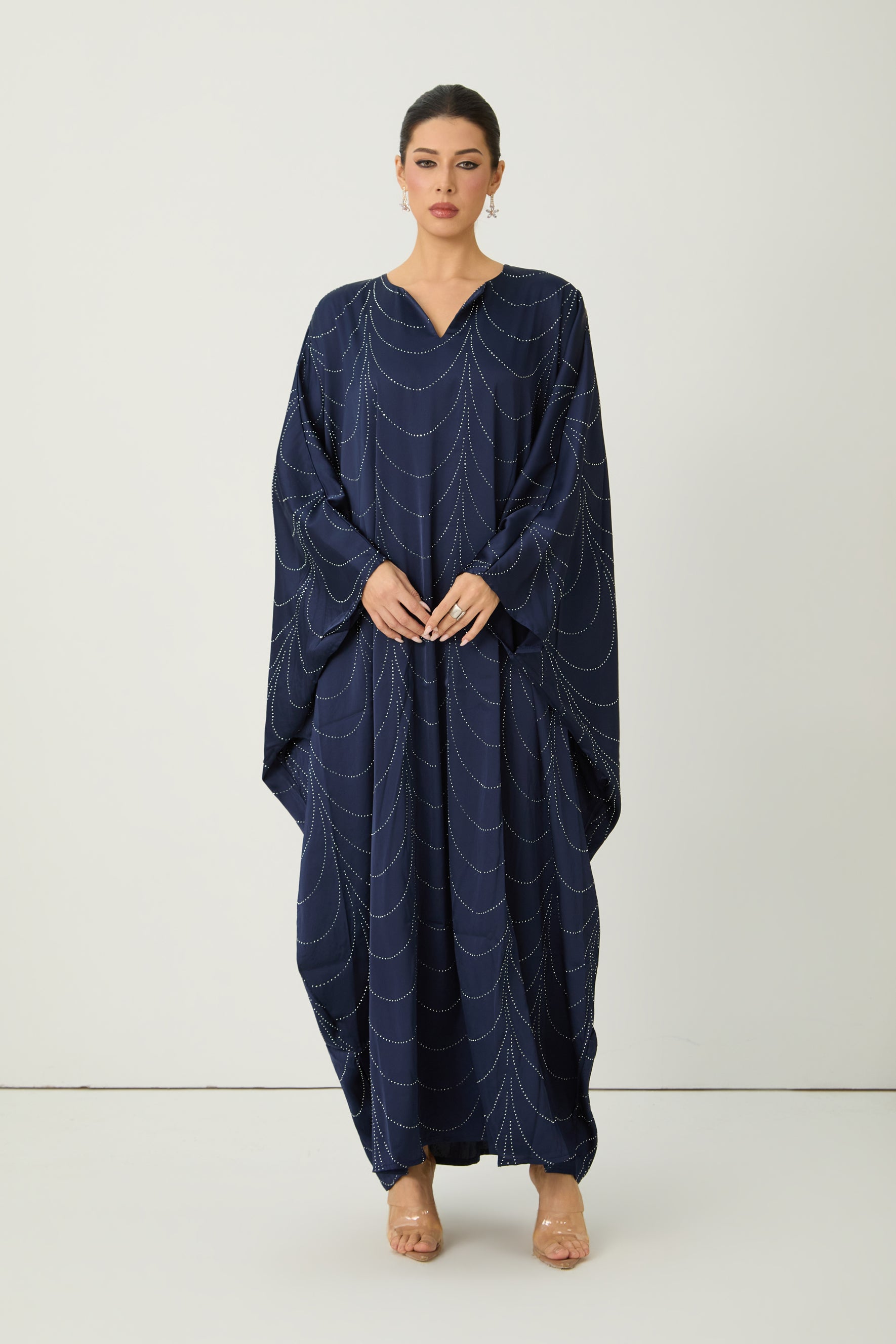 Signature Elegance Blue Rhinestone Embellished Draped Maxi Kaftan