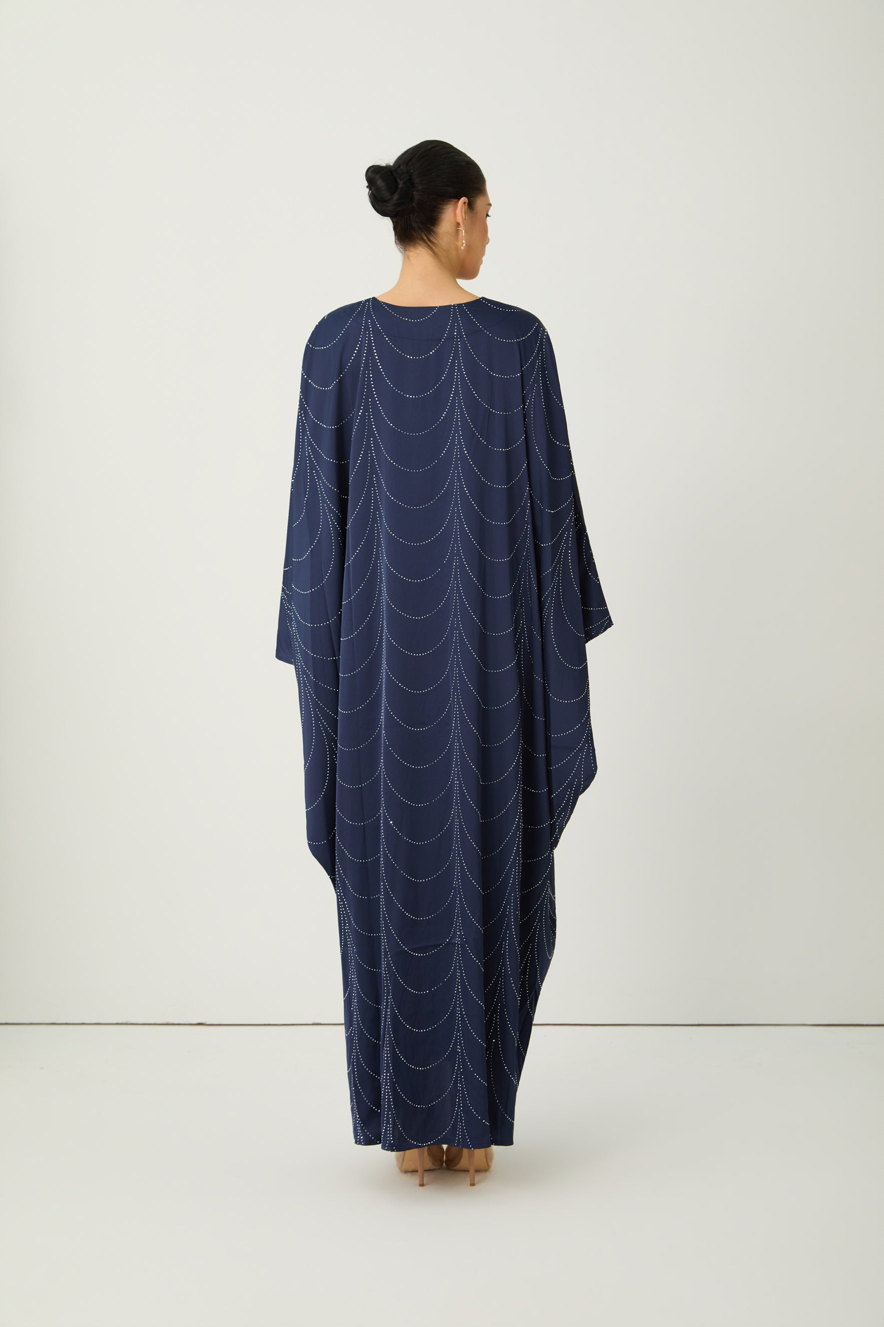 Signature Elegance Blue Rhinestone Embellished Draped Maxi Kaftan