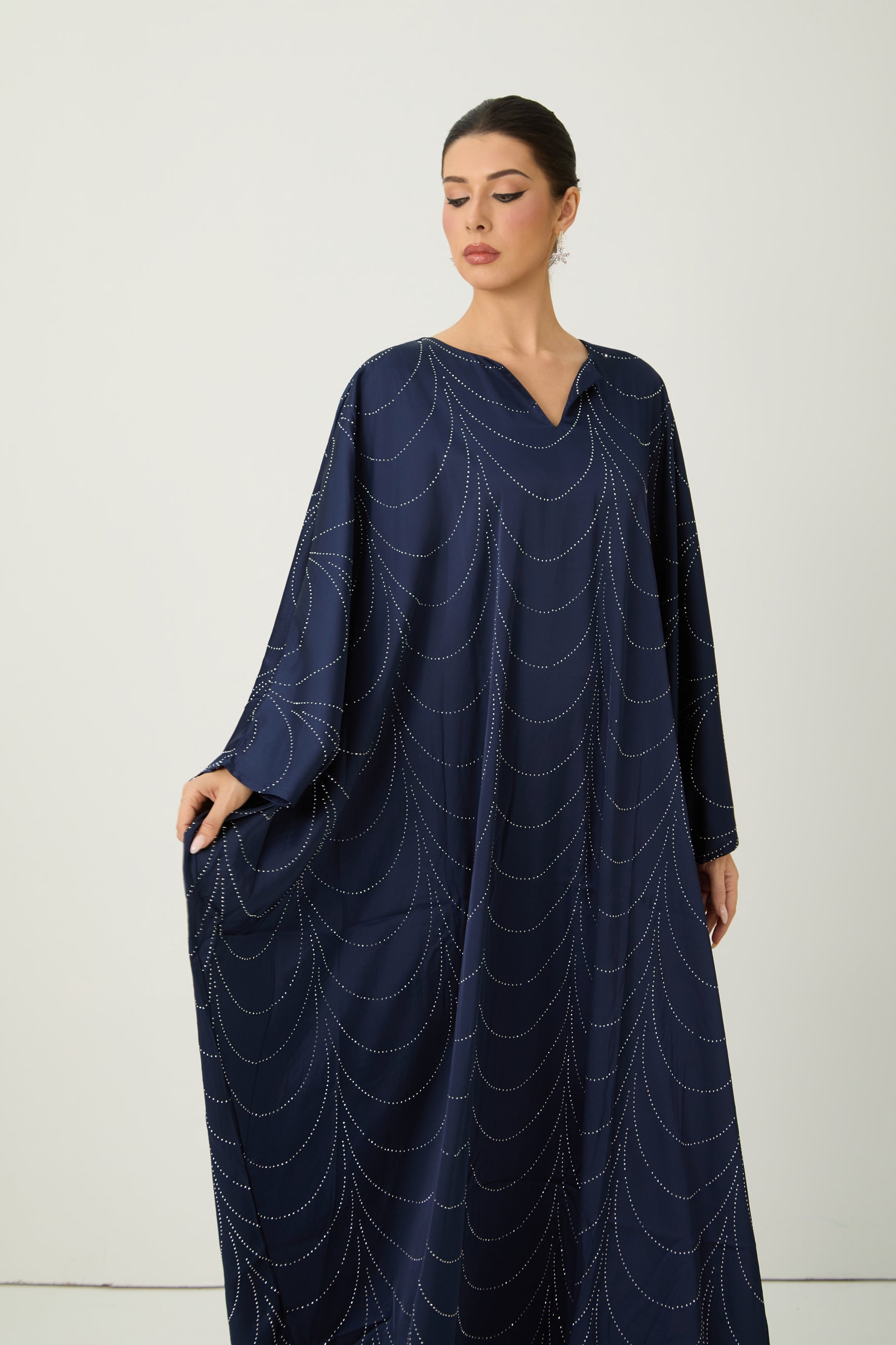 Signature Elegance Blue Rhinestone Embellished Draped Maxi Kaftan