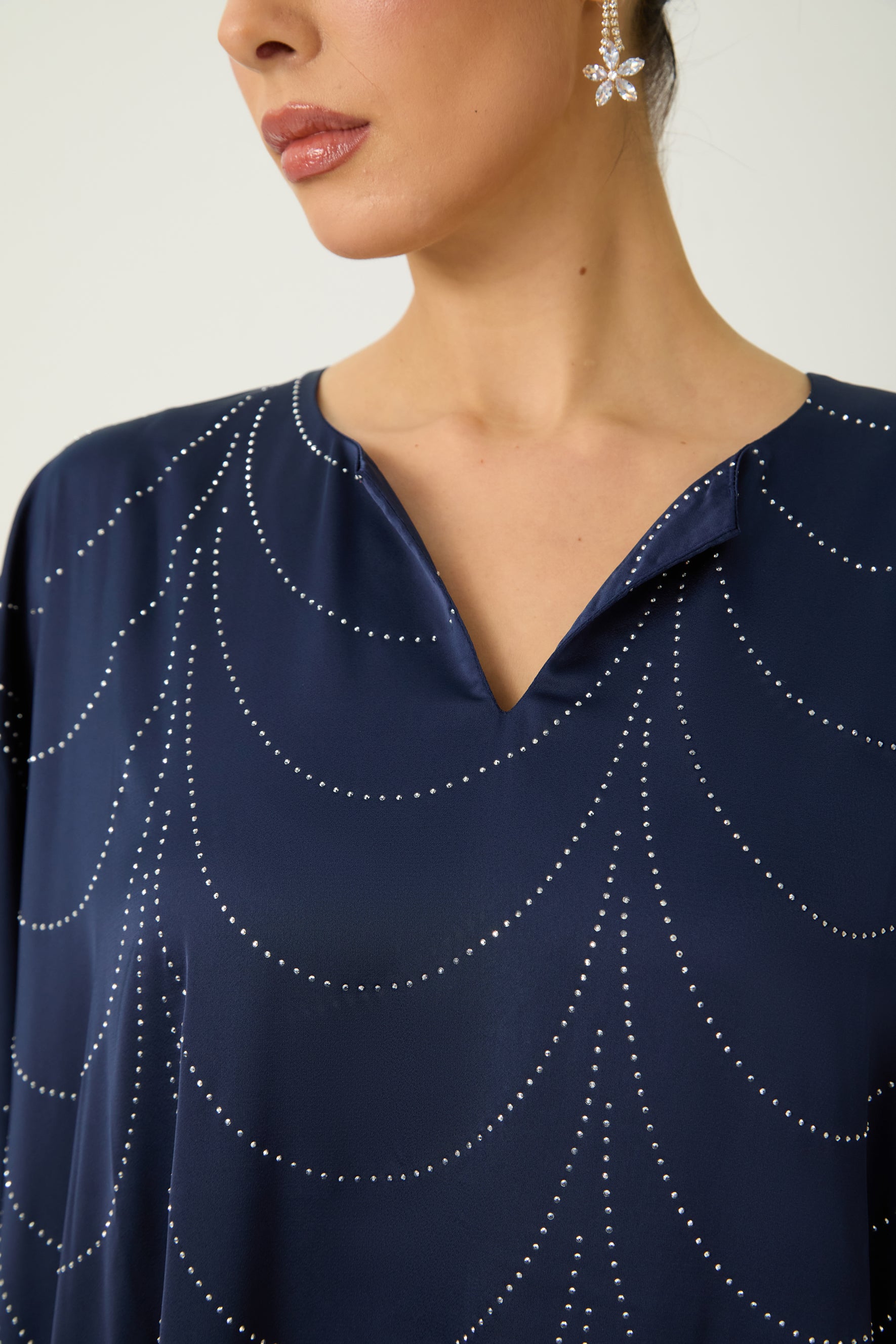 Signature Elegance Blue Rhinestone Embellished Draped Maxi Kaftan