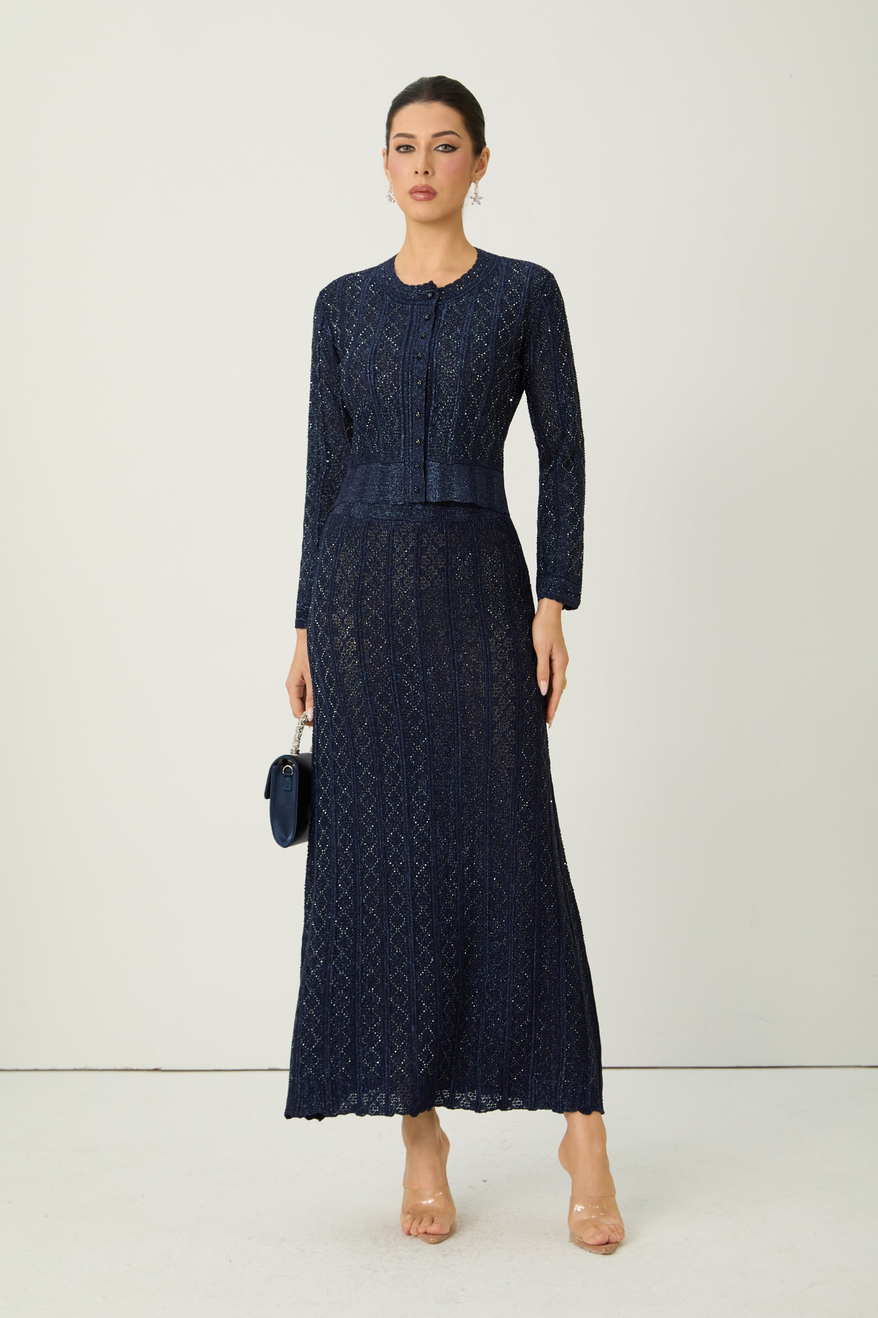 Radiant Personality Blue Diamond Knit Cardigan & Skirt Set