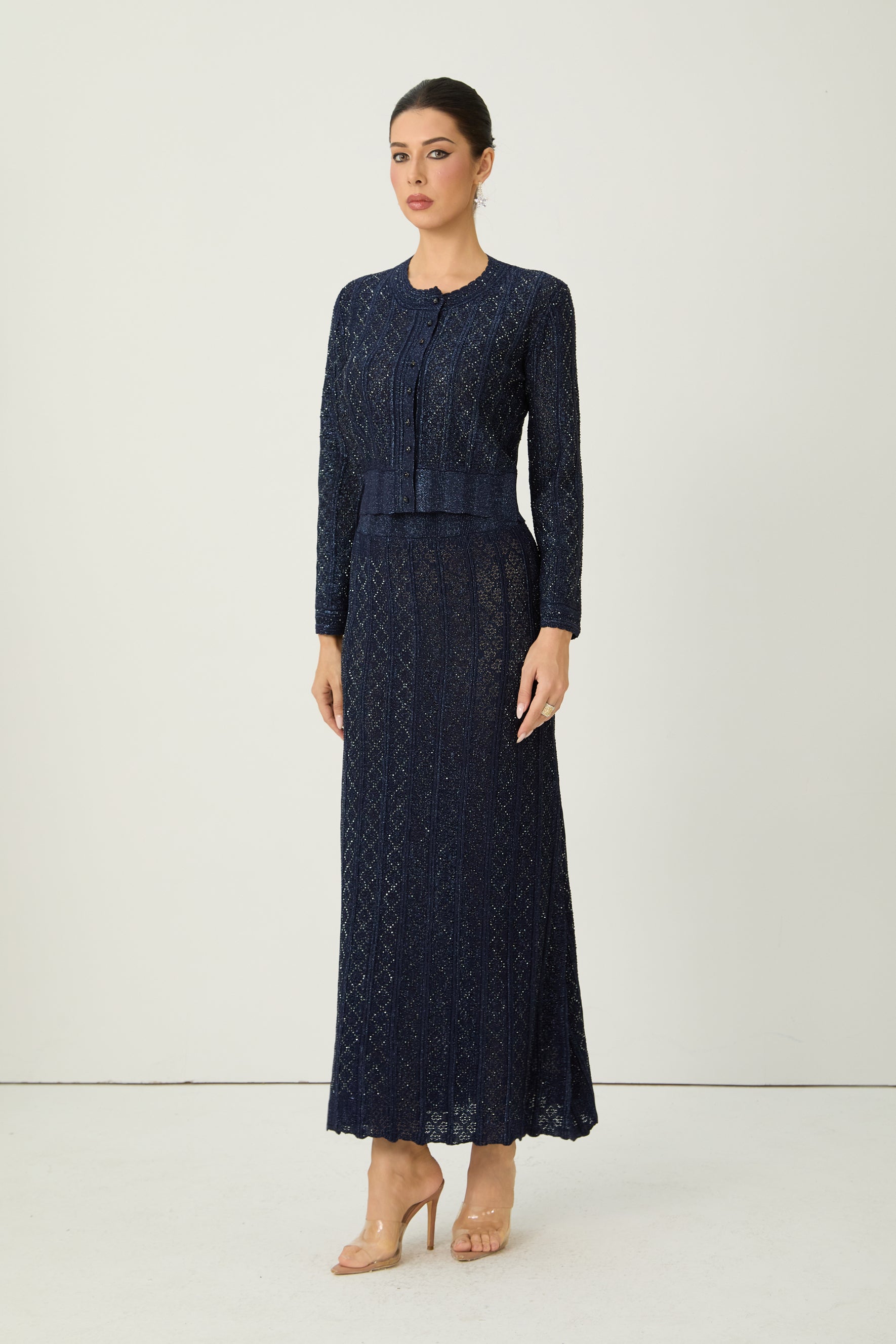 Radiant Personality Blue Diamond Knit Cardigan & Skirt Set