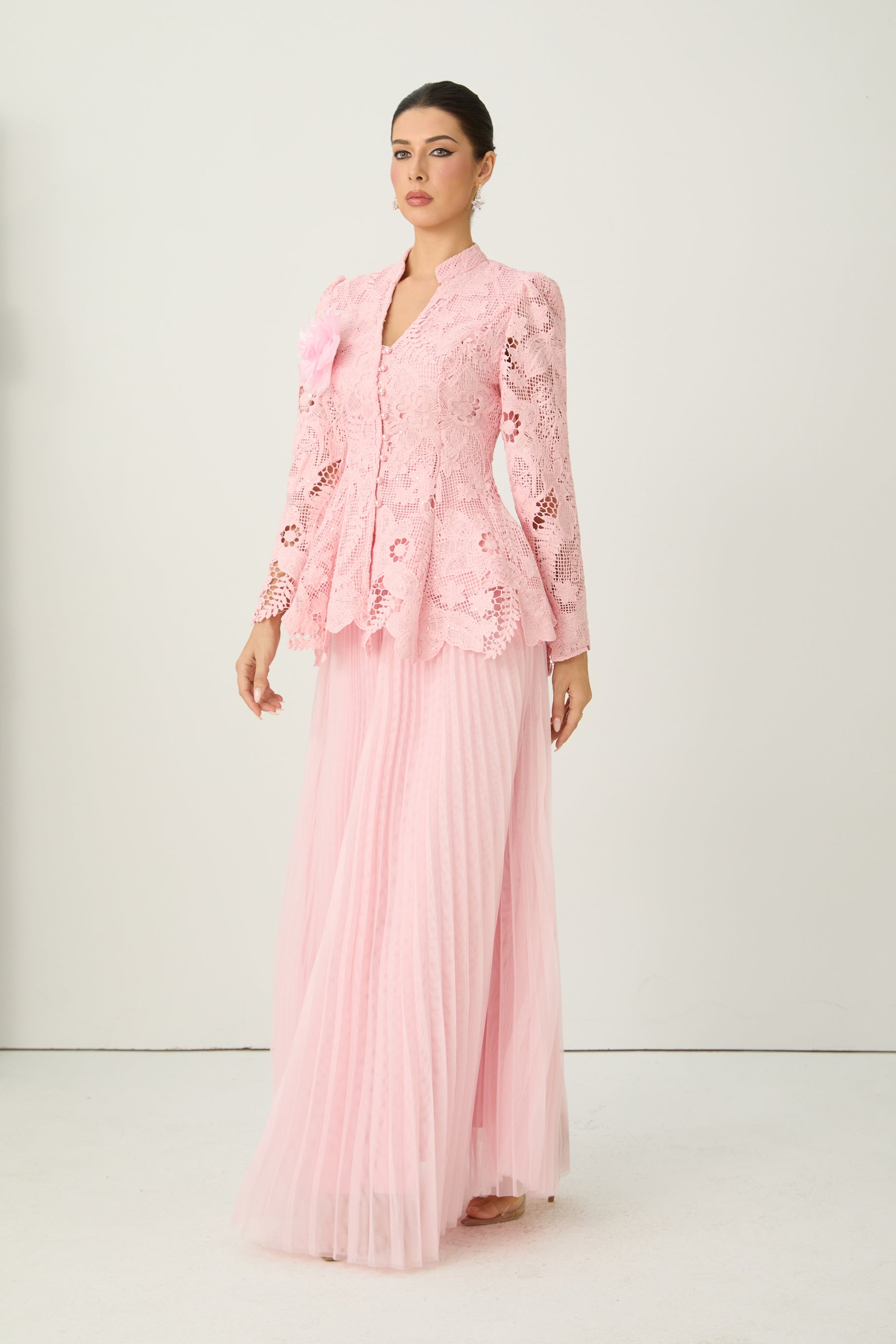 Adoring Me Pinkk Lace Flower Top & Pleated Skirt Set