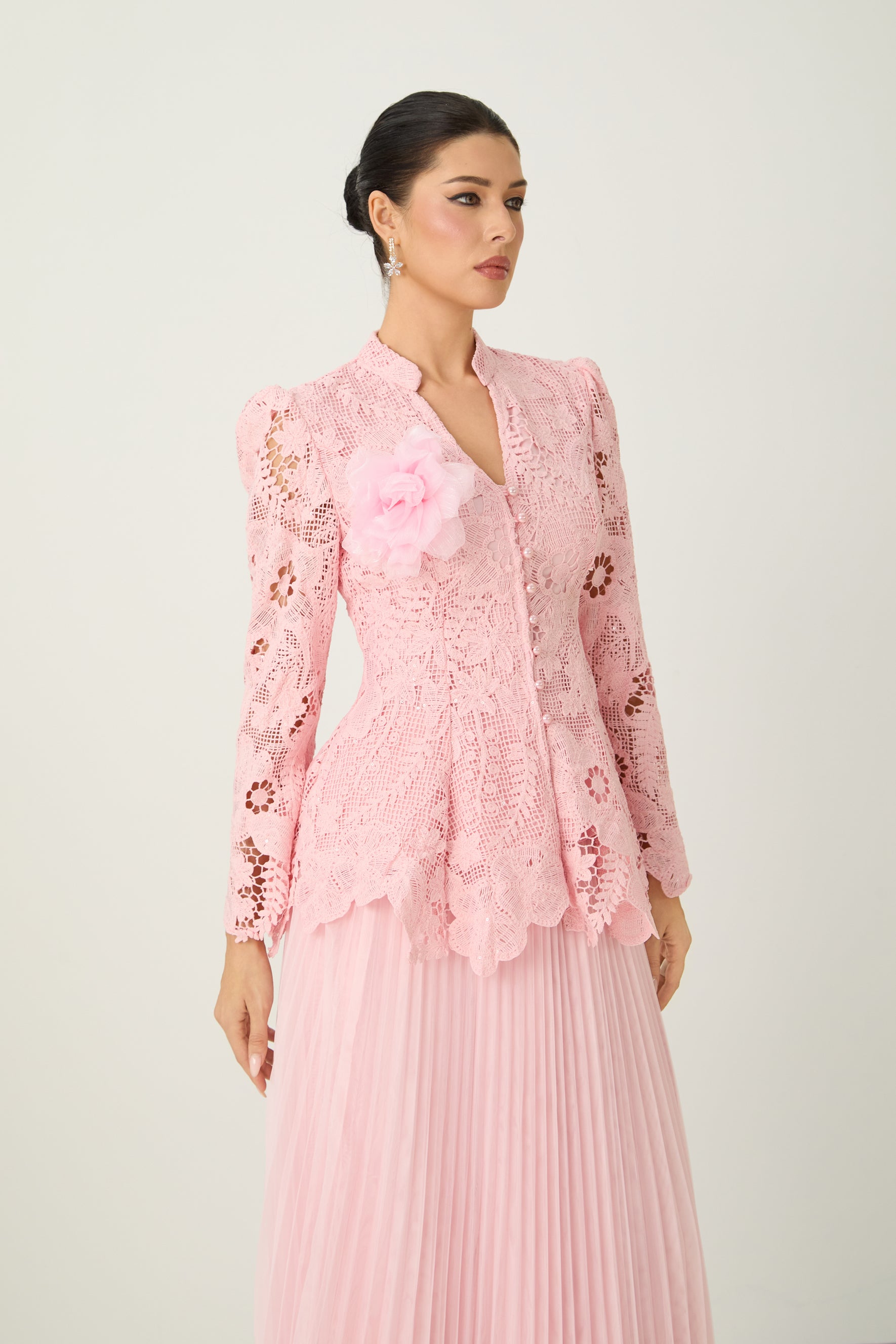 Adoring Me Pinkk Lace Flower Top & Pleated Skirt Set