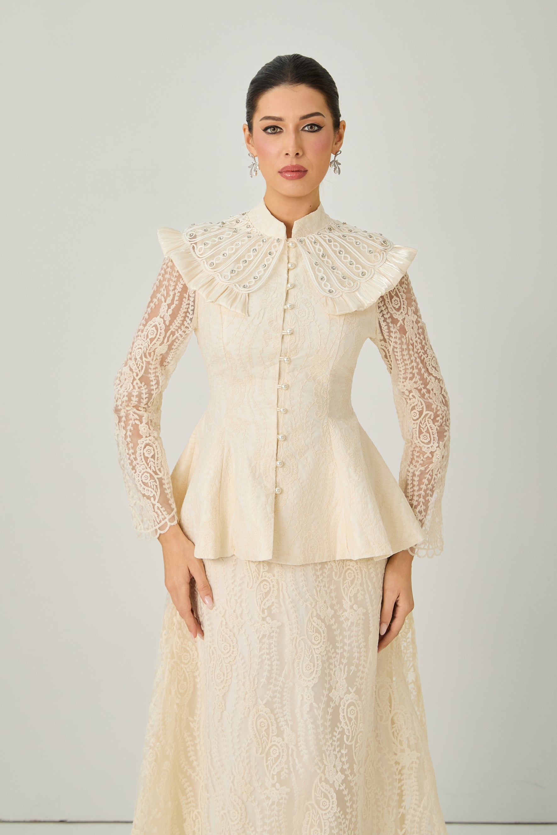 All My Adoration Beige Embroidered Lace Sheer Sleeve Top & Skirt Set
