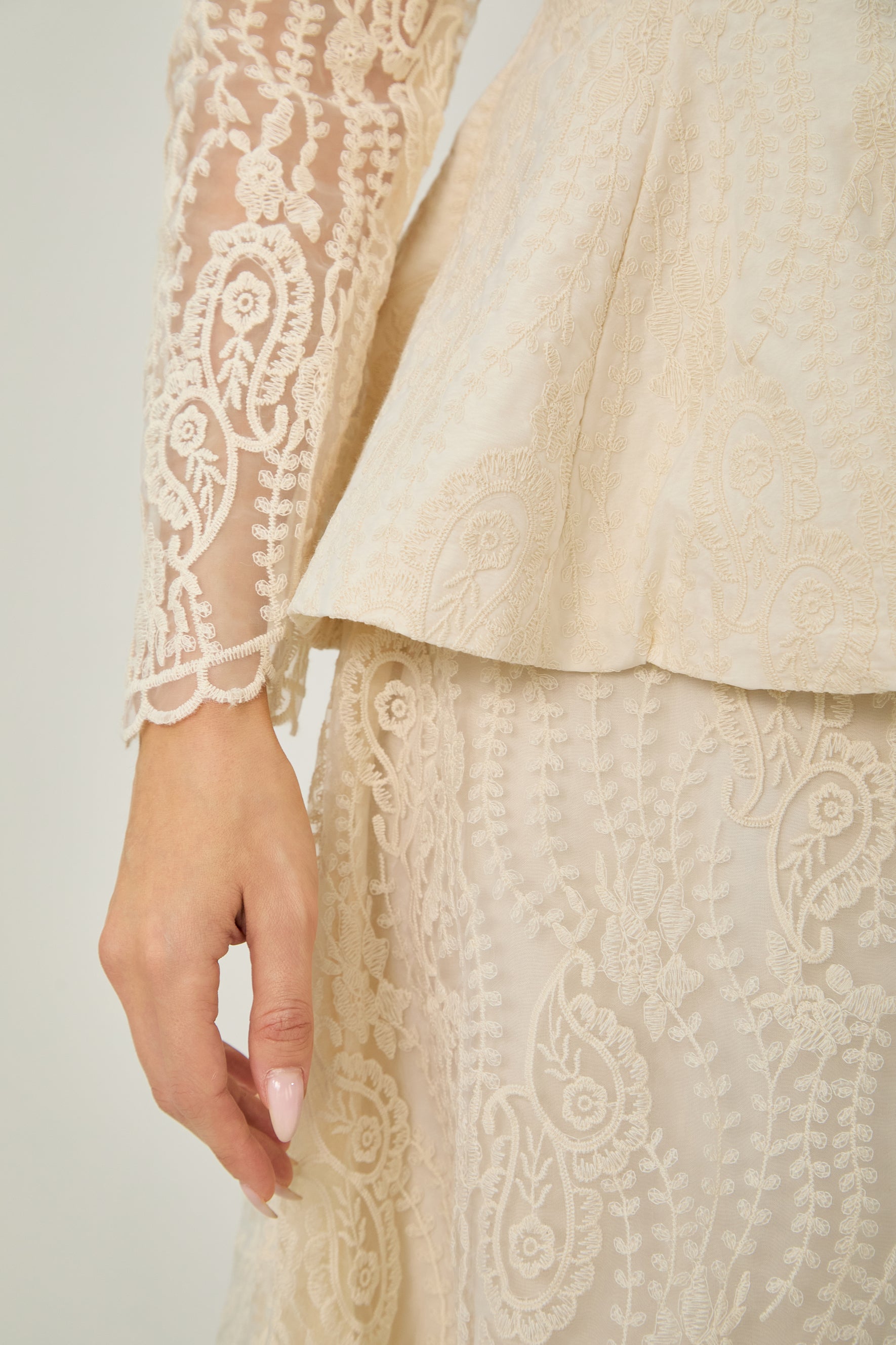 All My Adoration Beige Embroidered Lace Sheer Sleeve Top & Skirt Set