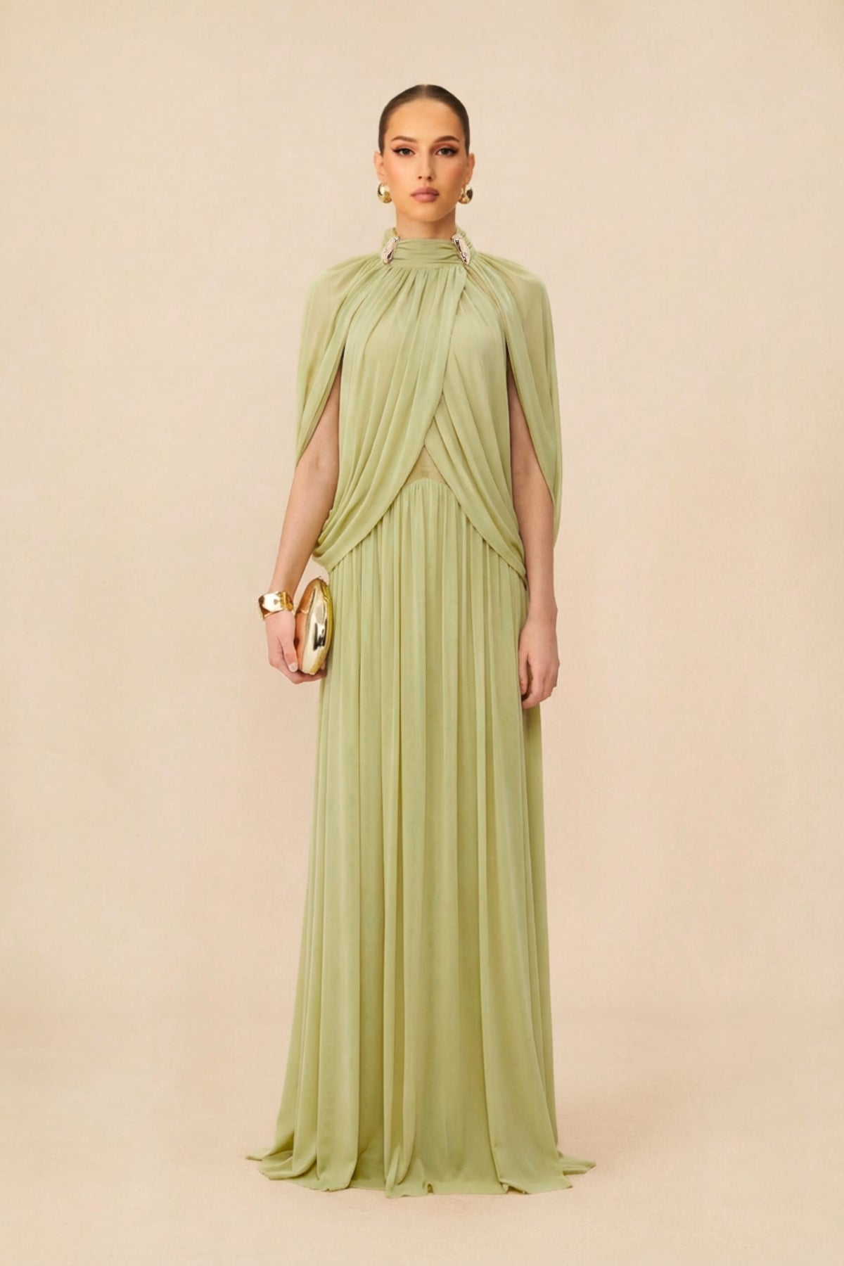Twilight Whispers Green Draped Cape Sleeve Knit Maxi Dress
