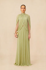 Twilight Whispers Green Draped Cape Sleeve Knit Maxi Dress