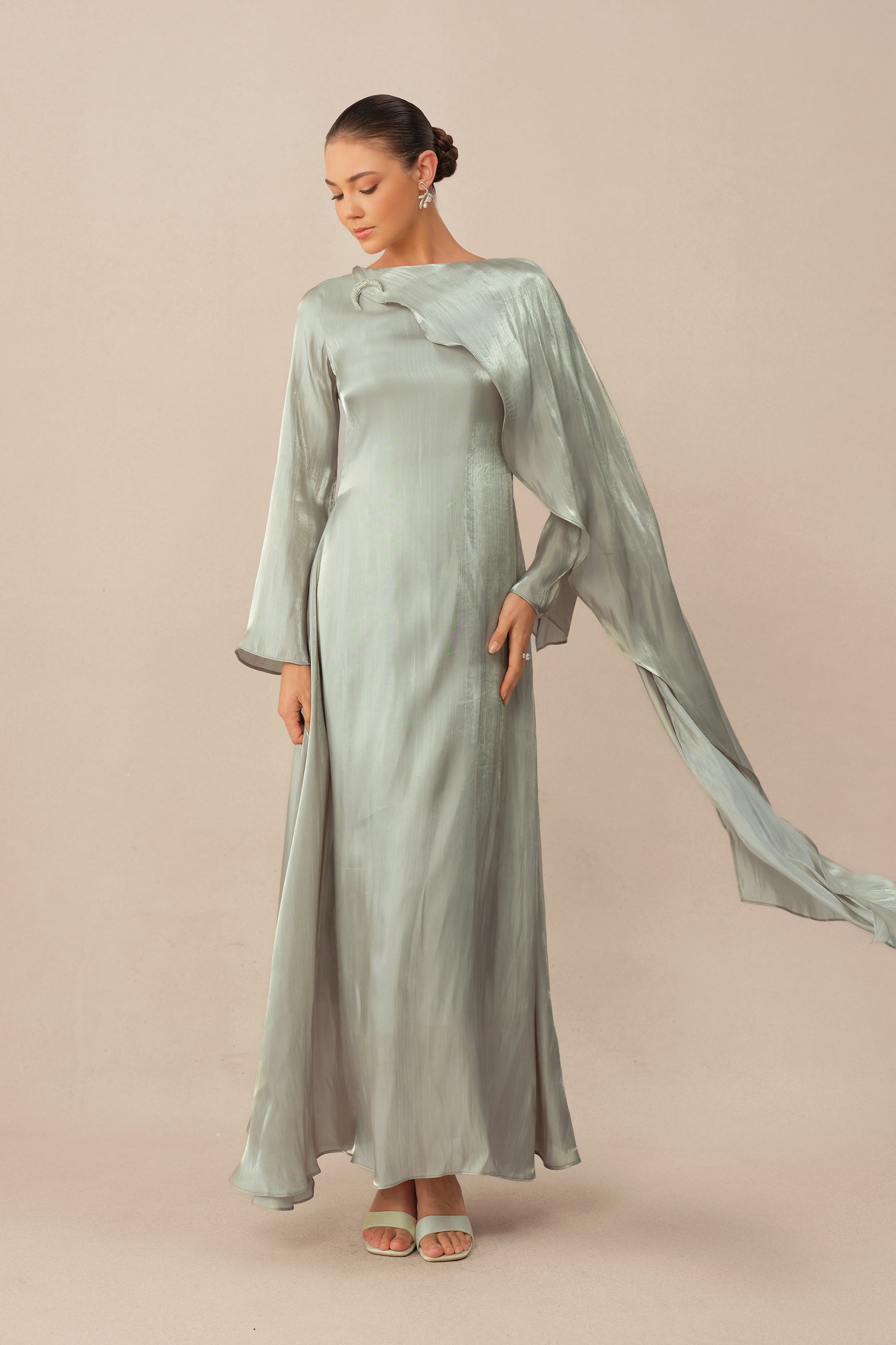 Classic Mood Grey Irregular Draped Long Sleeve Maxi Dress