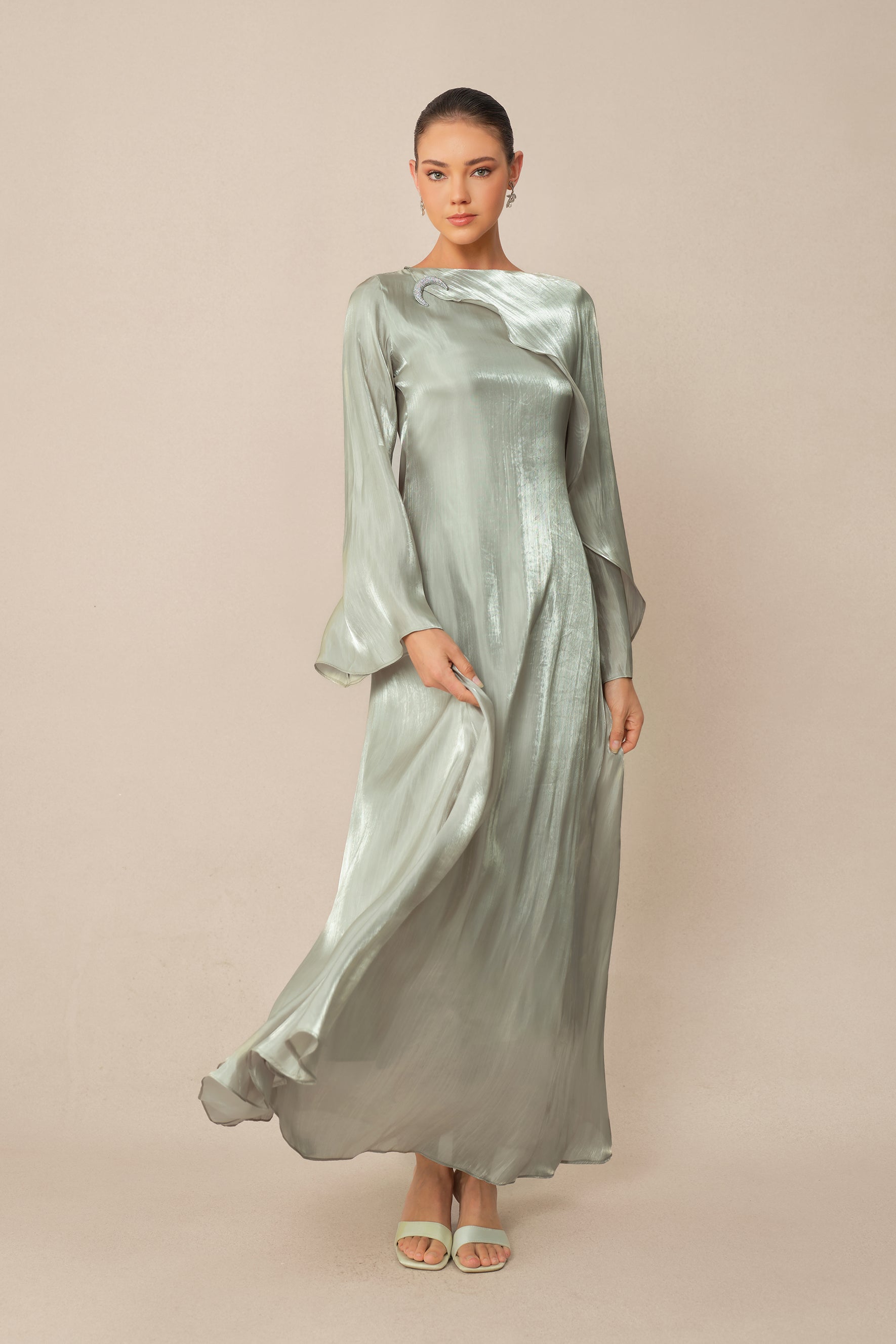 Classic Mood Grey Irregular Draped Long Sleeve Maxi Dress